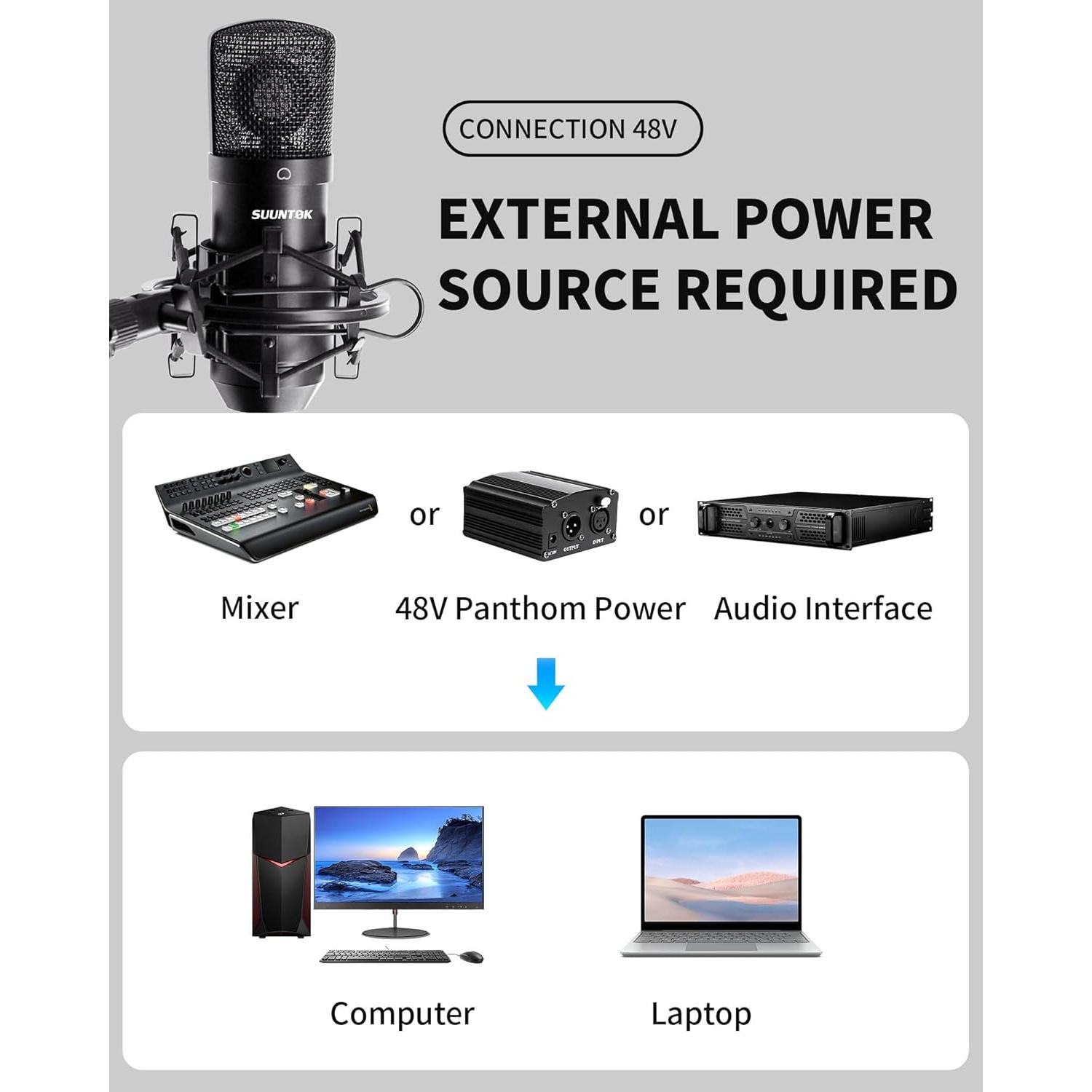 XLR Condenser Microphone Recording Microphone for PC Computer Home Studio Cardioid Podcast Mic Kit for Streaming, ASMR, YouTube, Voice-Over, Gaming, Vocal (Black)