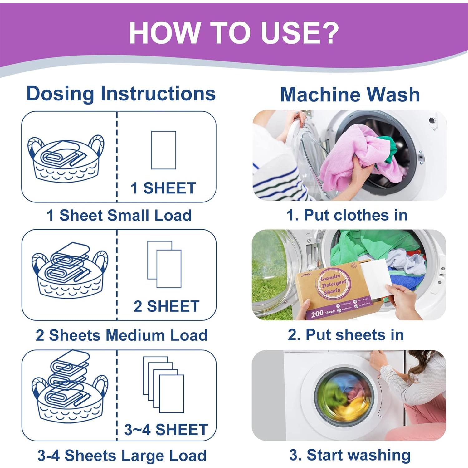 Hojas de detergente para lavandería Zimwin - 200 cargas lavanda