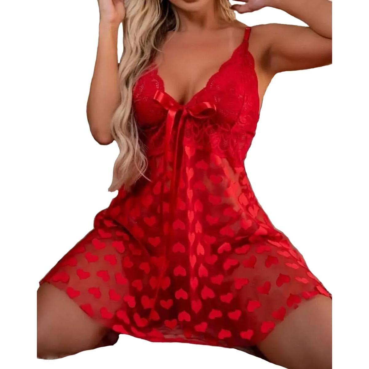 Babydoll de encaje para mujeres con volantes y corazones - Rojo