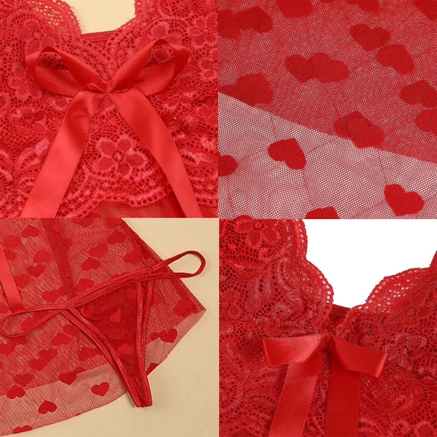 Babydoll de encaje para mujeres con volantes y corazones - Rojo