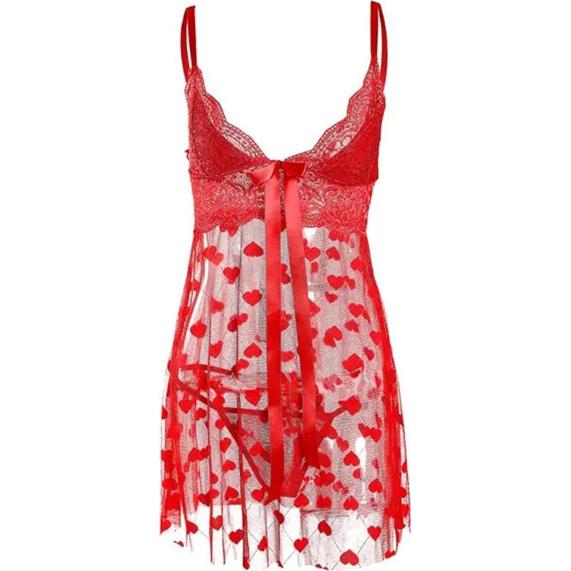 Babydoll de encaje para mujeres con volantes y corazones - Rojo