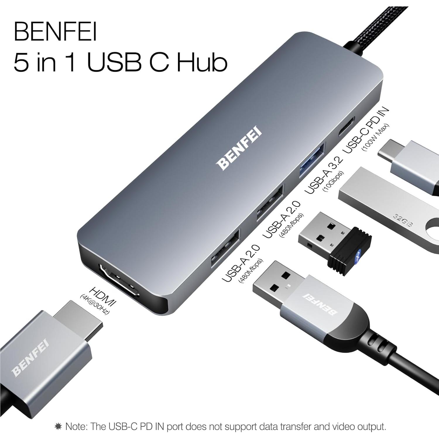Hub USB-C 5-en-1 BENFEI con HDMI 4K y 100W de Carga