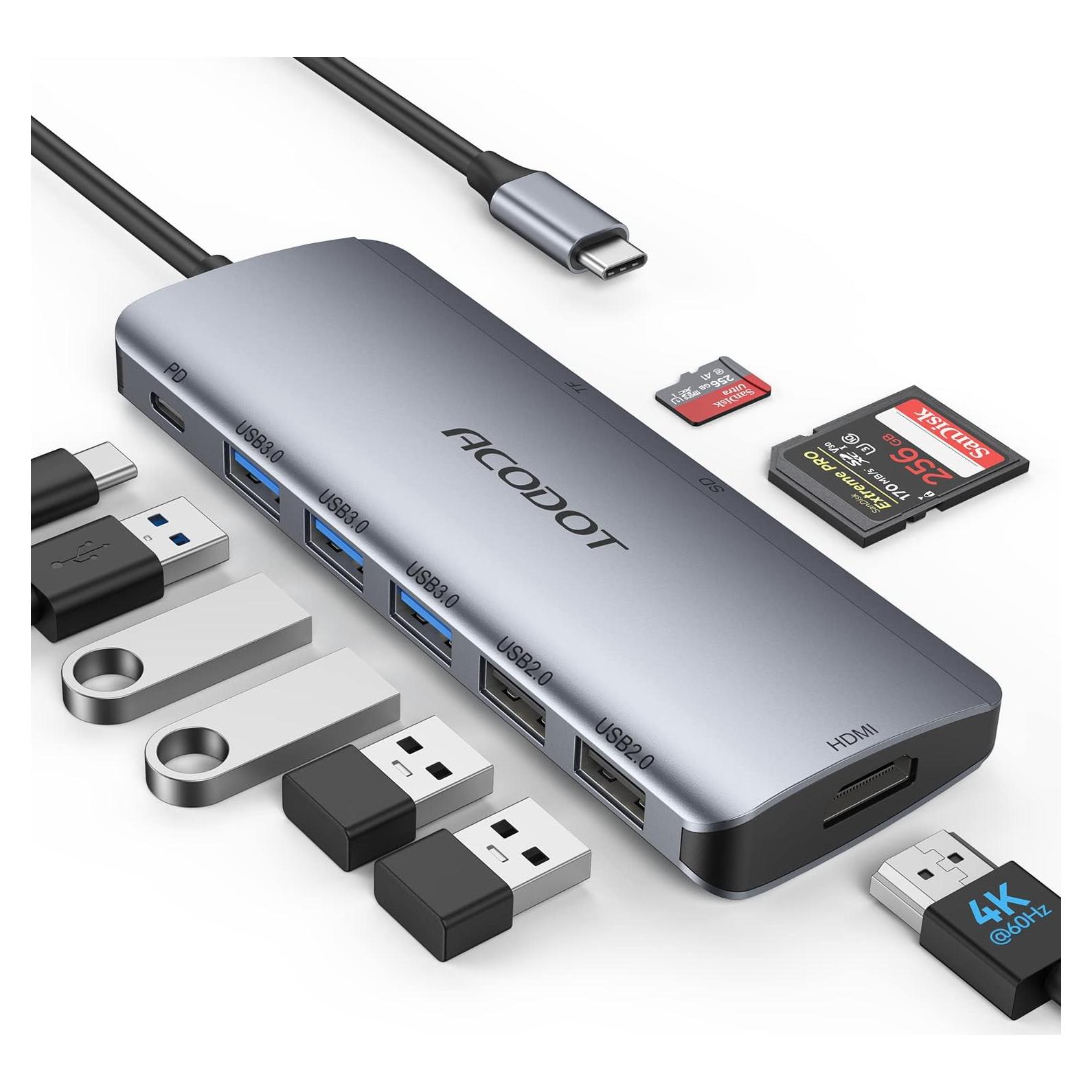 Hub USB C Acodot 9 en 1 HDMI 4K 3 USB 3.0 Lector SD