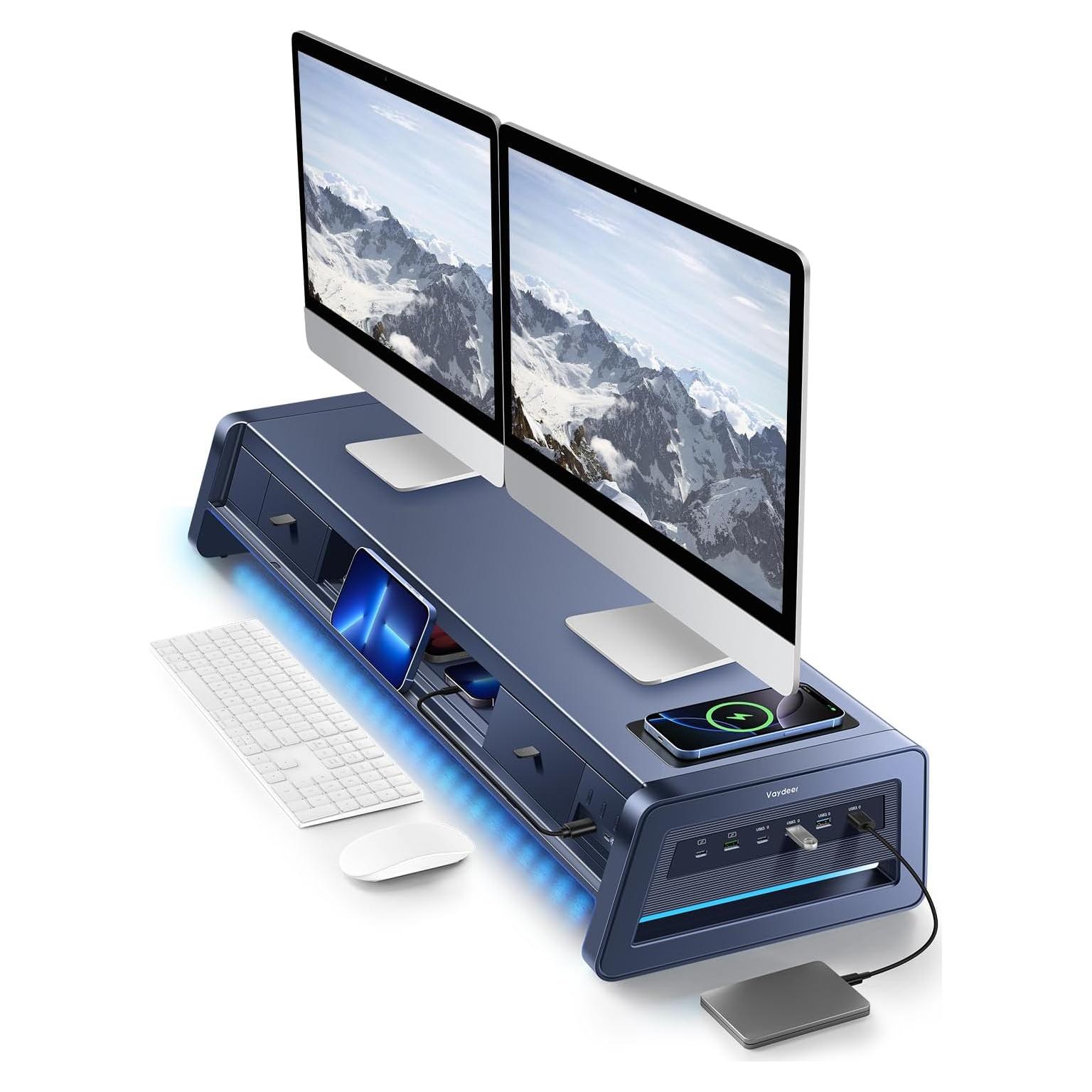 Soporte Elevador Doble Monitor Vaydeer con 8 Puertos USB y Carga Inalámbrica