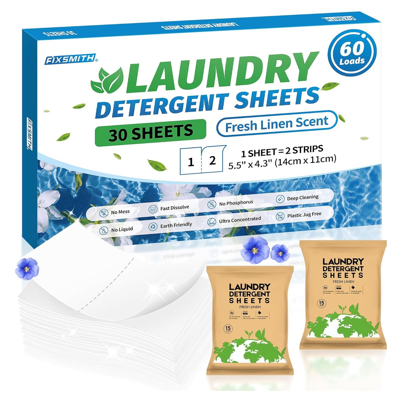 Hojas de Detergente para Ropa FIXSMITH - 30 Hojas Aroma Lino Fresco