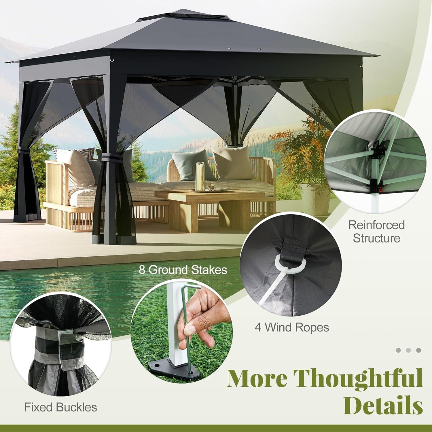 Gazebo Plegable LDAILY 3.35x3.35m con Mosquitera y Altura Ajustable