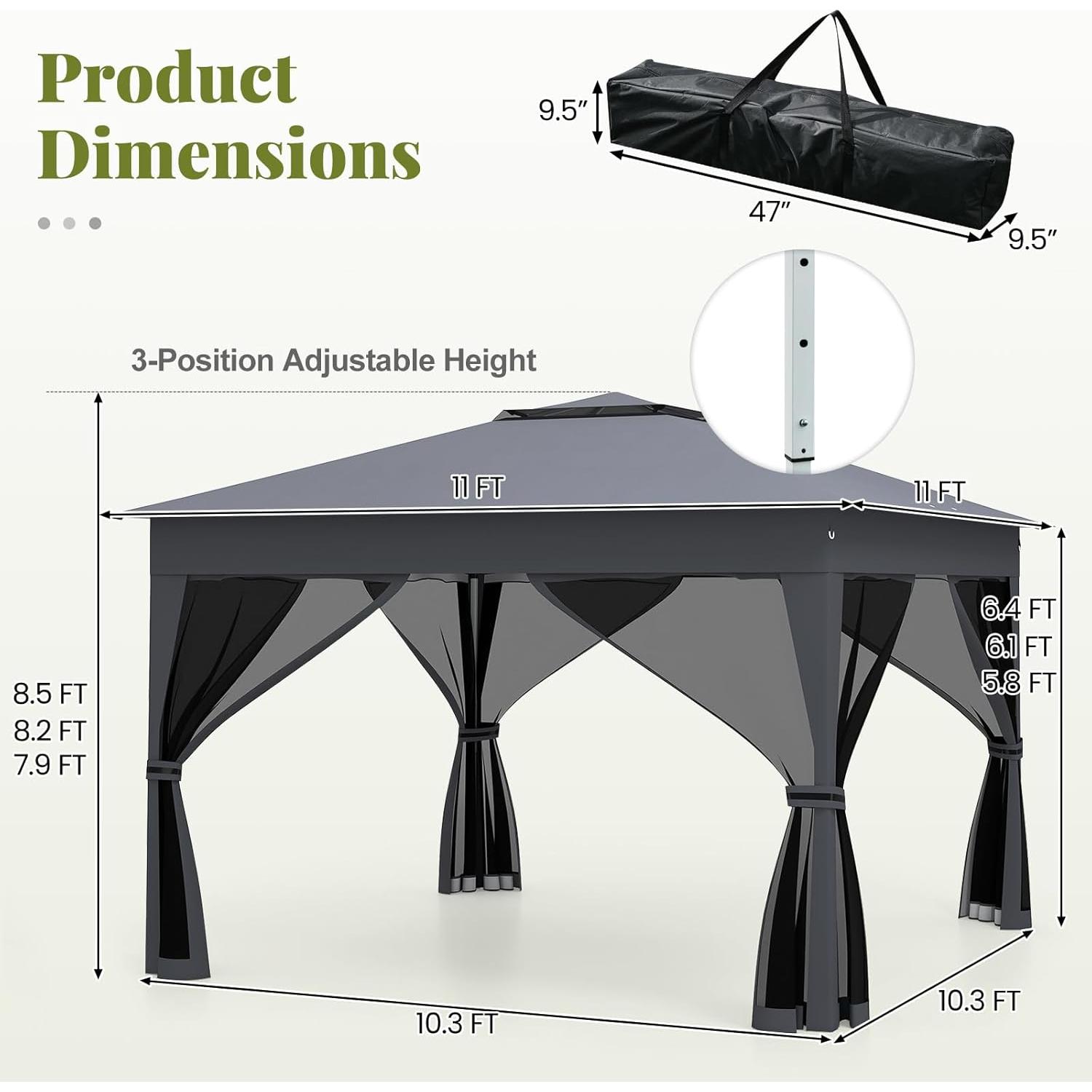Gazebo Plegable LDAILY 3.35x3.35m con Mosquitera y Altura Ajustable