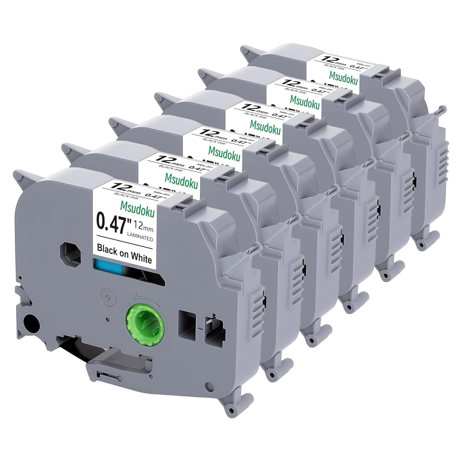 Cinta Laminada TZe TZ 12mm Negra sobre Blanca Msudoku - Paquete de 6