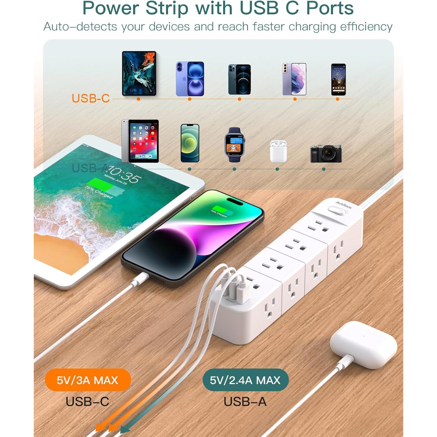 Tira de Alimentación Addtam 15 pies con 12 Salidas y 3 USB