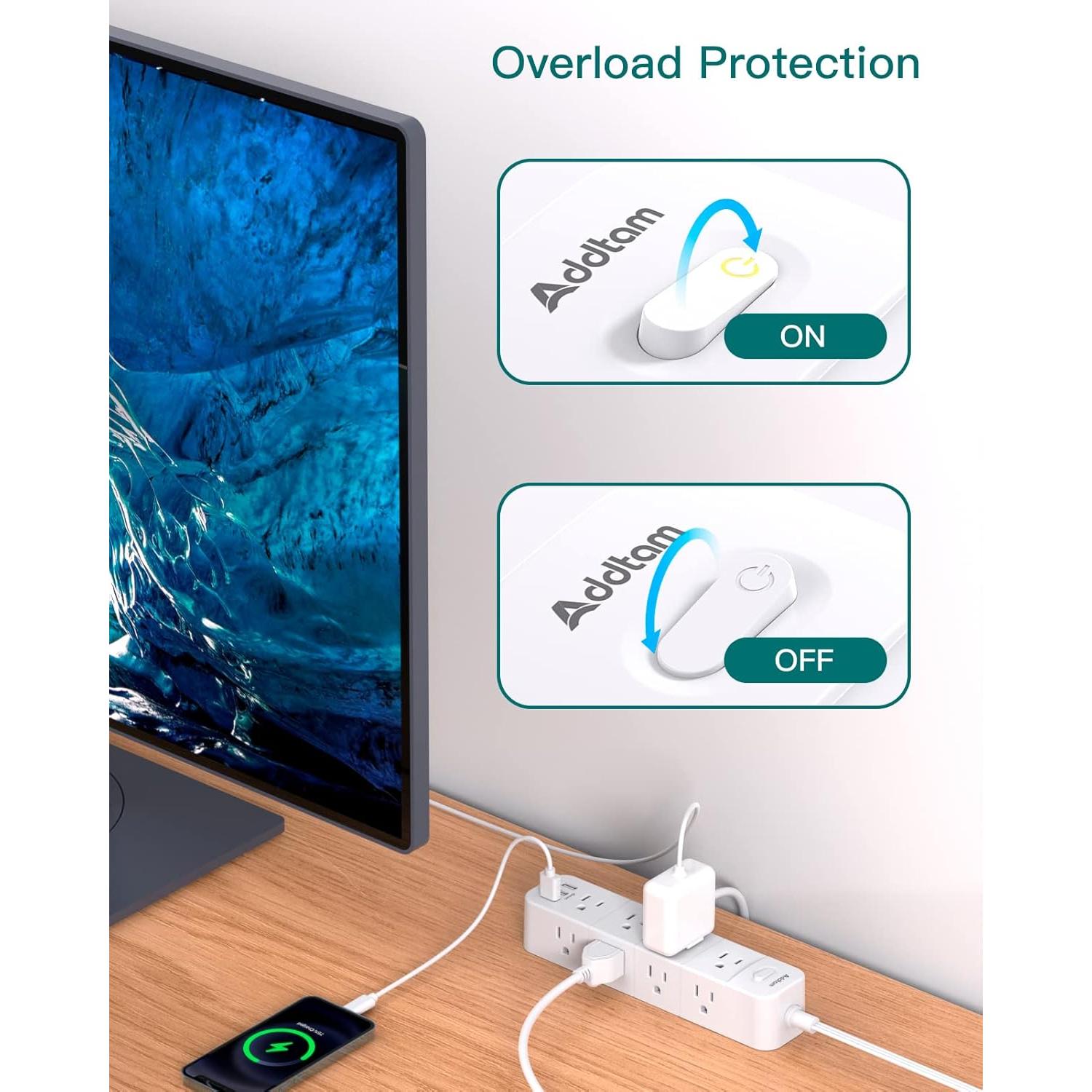 Tira de Alimentación Addtam 15 pies con 12 Salidas y 3 USB