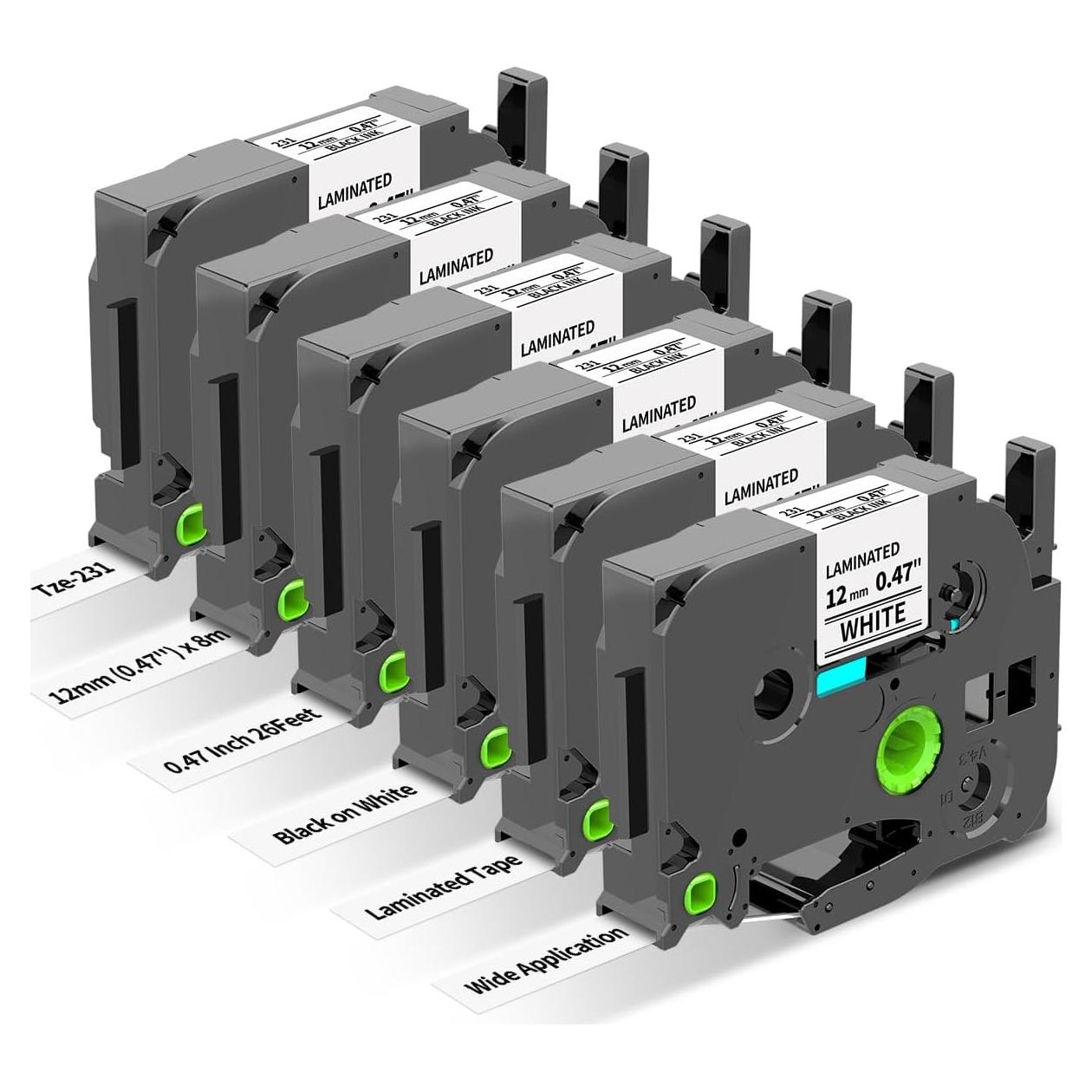 Cinta de Etiquetas Freshworld TZe-231 12mm 6-Pack Negro sobre Blanco