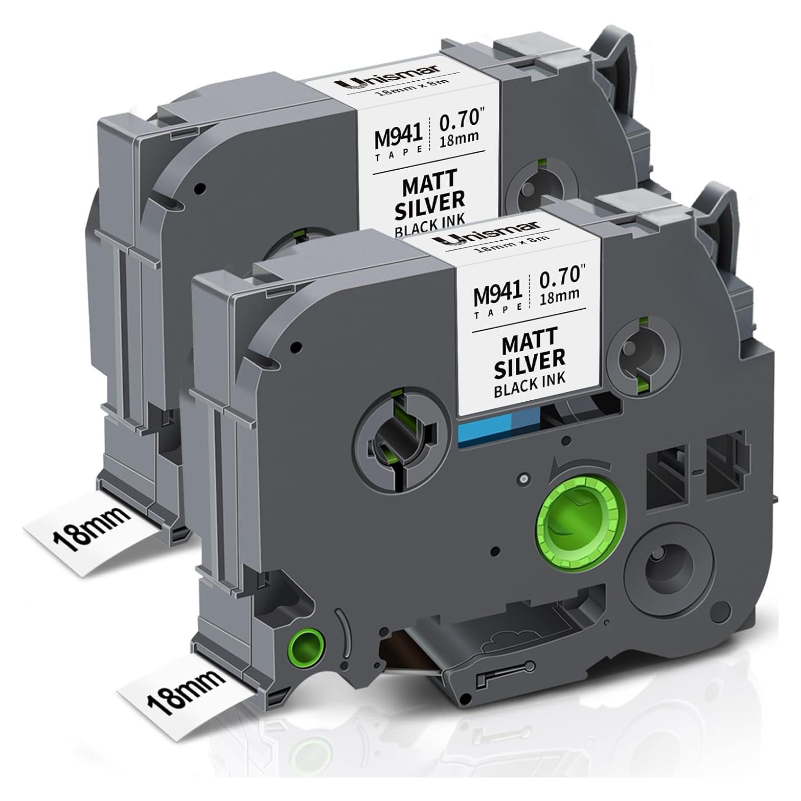 Cinta de Etiquetas Laminada Unismar TZe-M941 18mm Negro Plata 2-Pack
