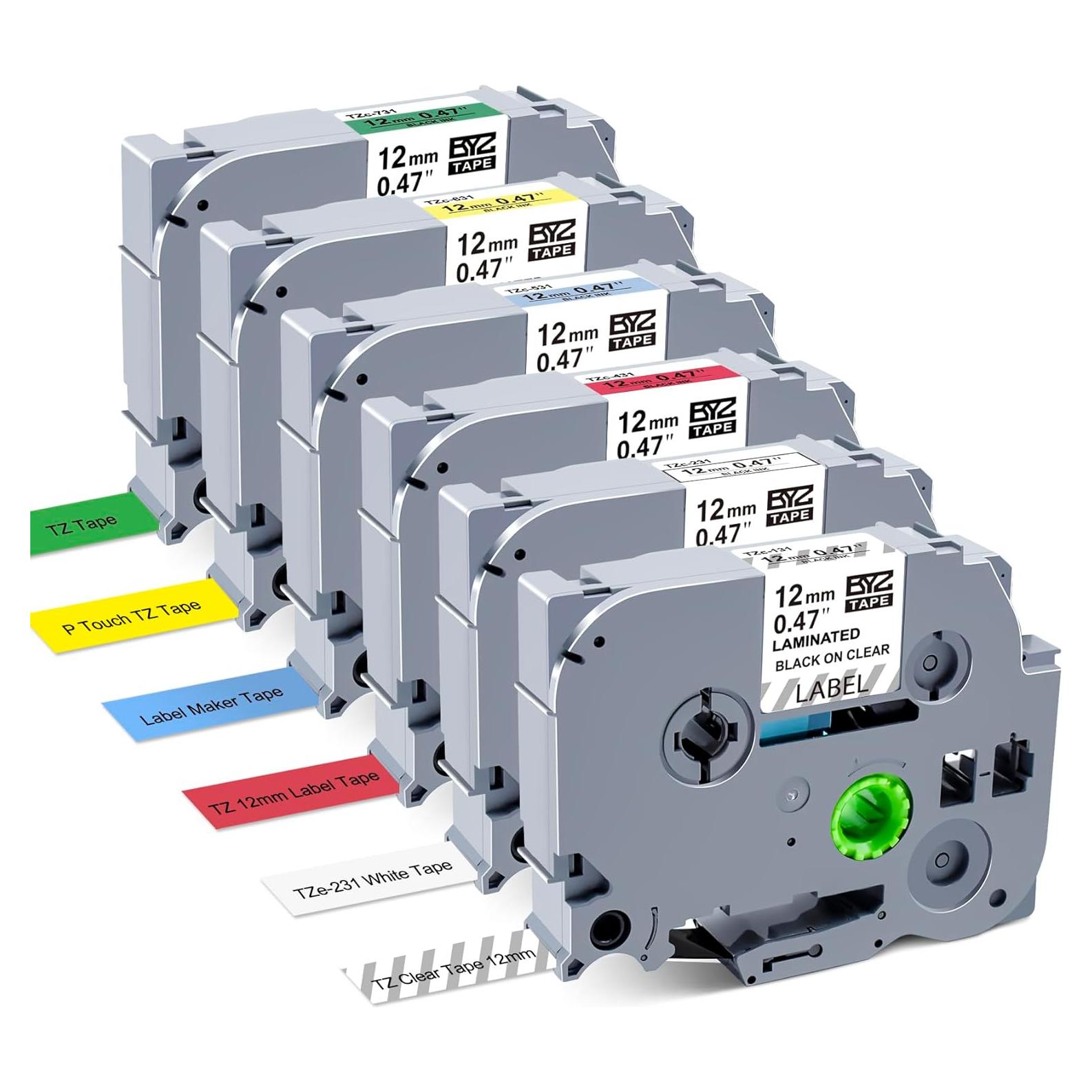 Paquete de 6 Cintas TZ Brother P Touch 12mm Laminadas Colores