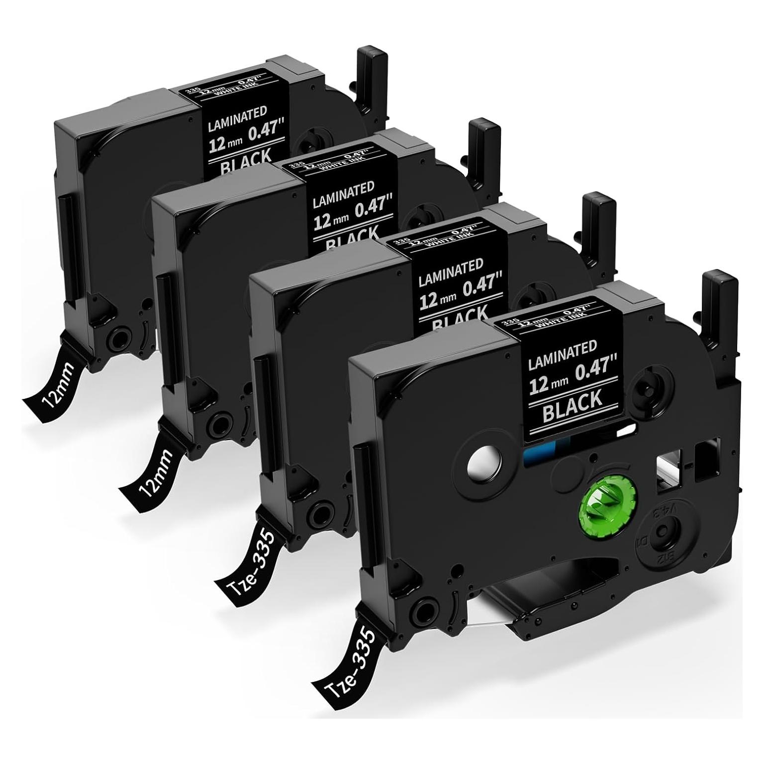 Cinta de Etiqueta Laminada AONOMI TZe-335 12mm Negra sobre Blanca - Paquete de 4