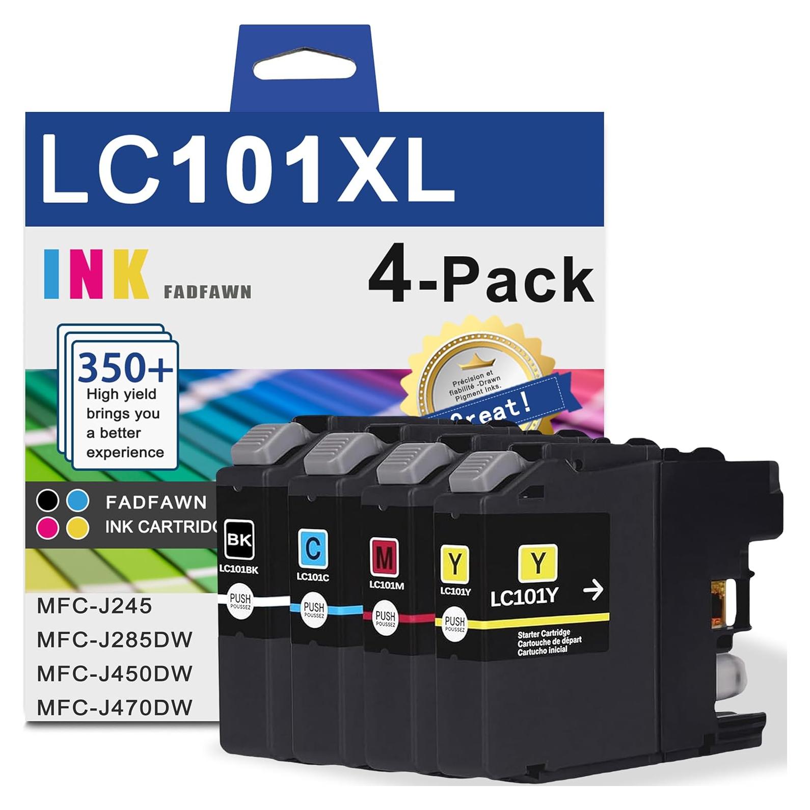 Cartuchos de Tinta FADFAWN LC101XL - 4 Paquete Negro, Cian, Magenta, Amarillo