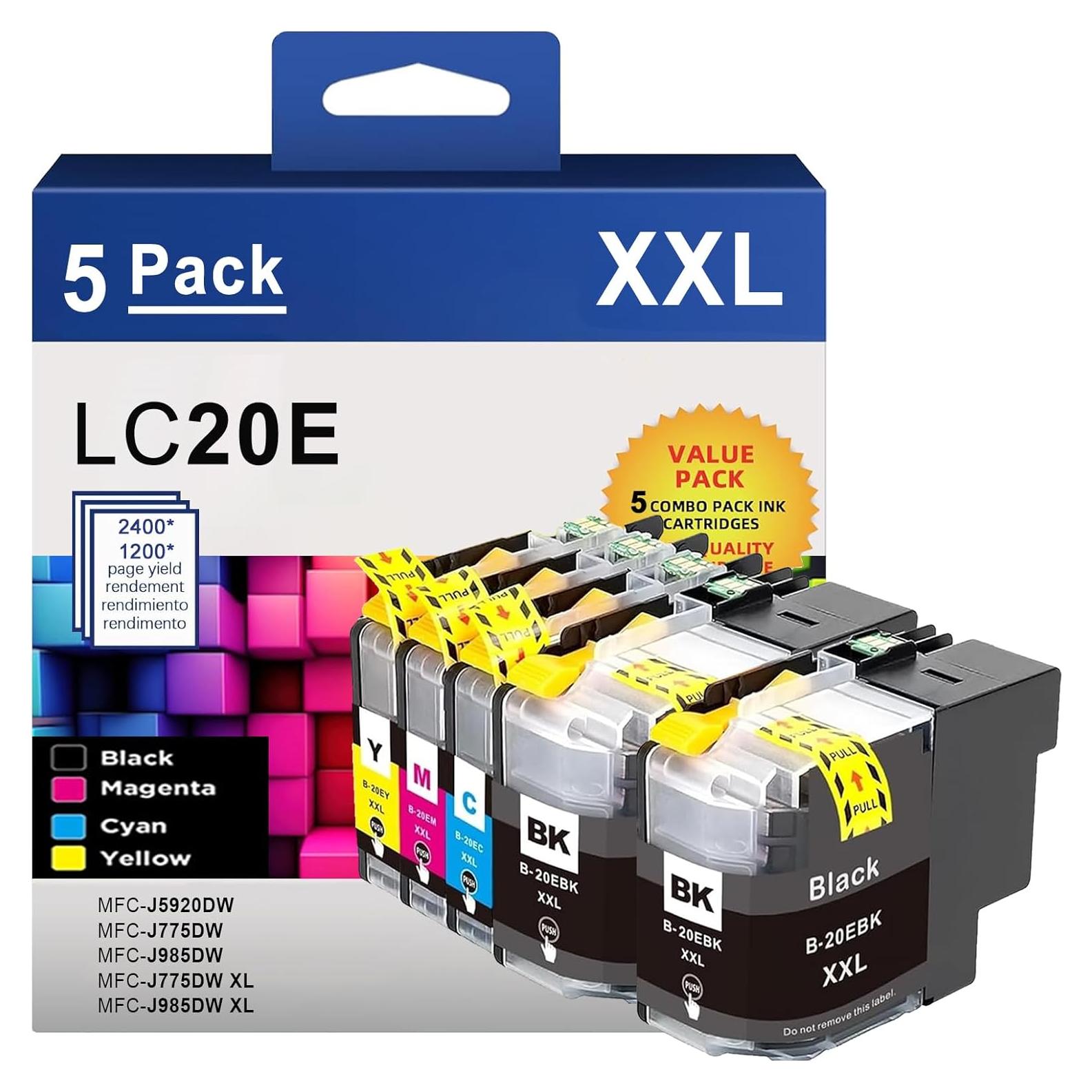 Cartuchos de tinta FADFAWN LC20E XXL para Brother - 5 Piezas