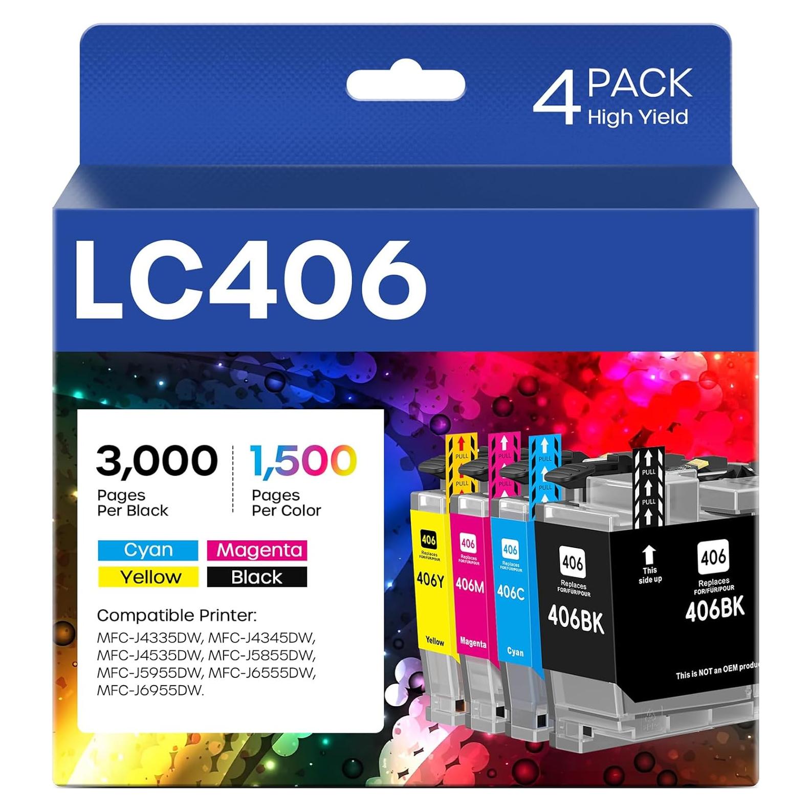 Cartuchos de tinta LC406 Belietop compatibles para Brother - Paquete de 4