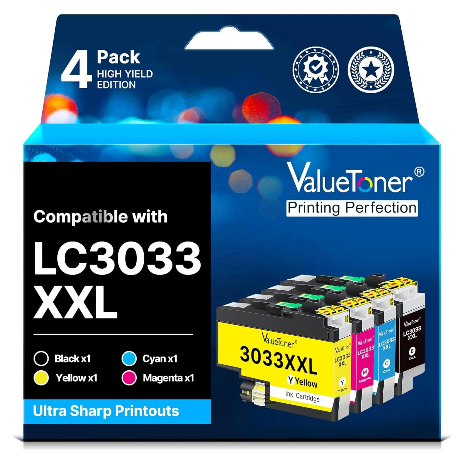 Cartucho de tinta Valuetoner LC3033XXL compatible Brother - Paquete de 4
