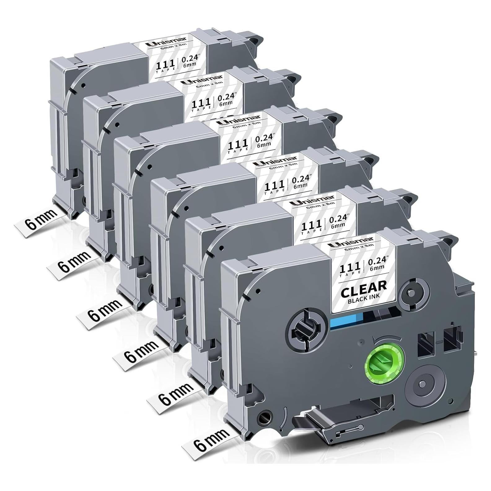 Cinta de Etiquetado Unismar TZe-111 6mm Negro Transparente 6-Pack