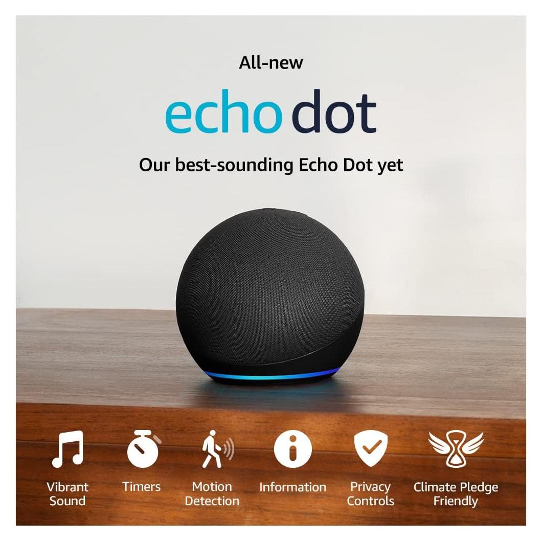 Like-New Amazon Echo Dot (newest model), Vibrant sounding Alexa speaker, Great for bedrooms, dining rooms and offices, Charcoal