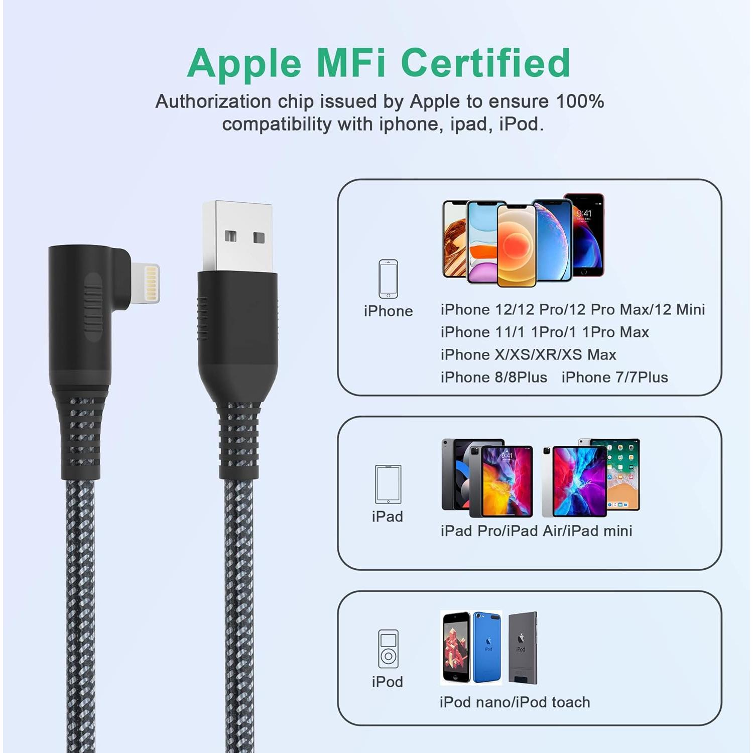 Cable de Carga Lightning Bawanfa 6.1m Ángulo Recto MFi iPhone