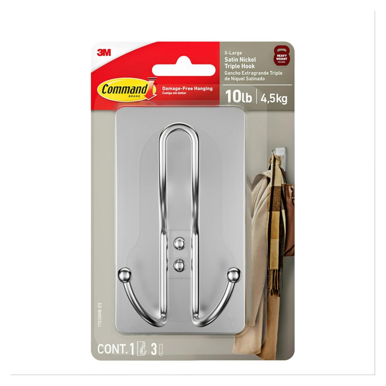 Gancho Triple Adhesivo Command Níquel Satinado X-Large 4.54 kg