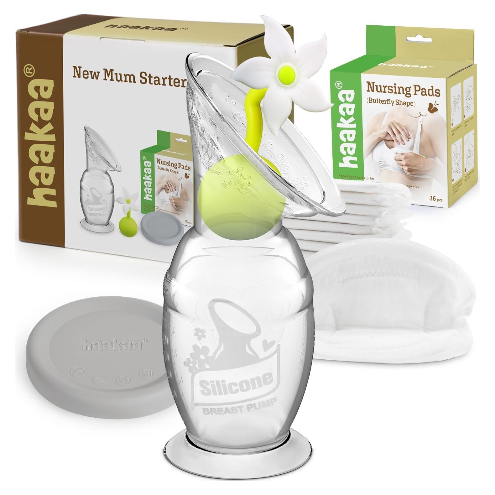 Paquete de Inicio para Nuevas Mamás Haakaa - Extractor de Leche Manual 150ml y Almohadillas Desechables