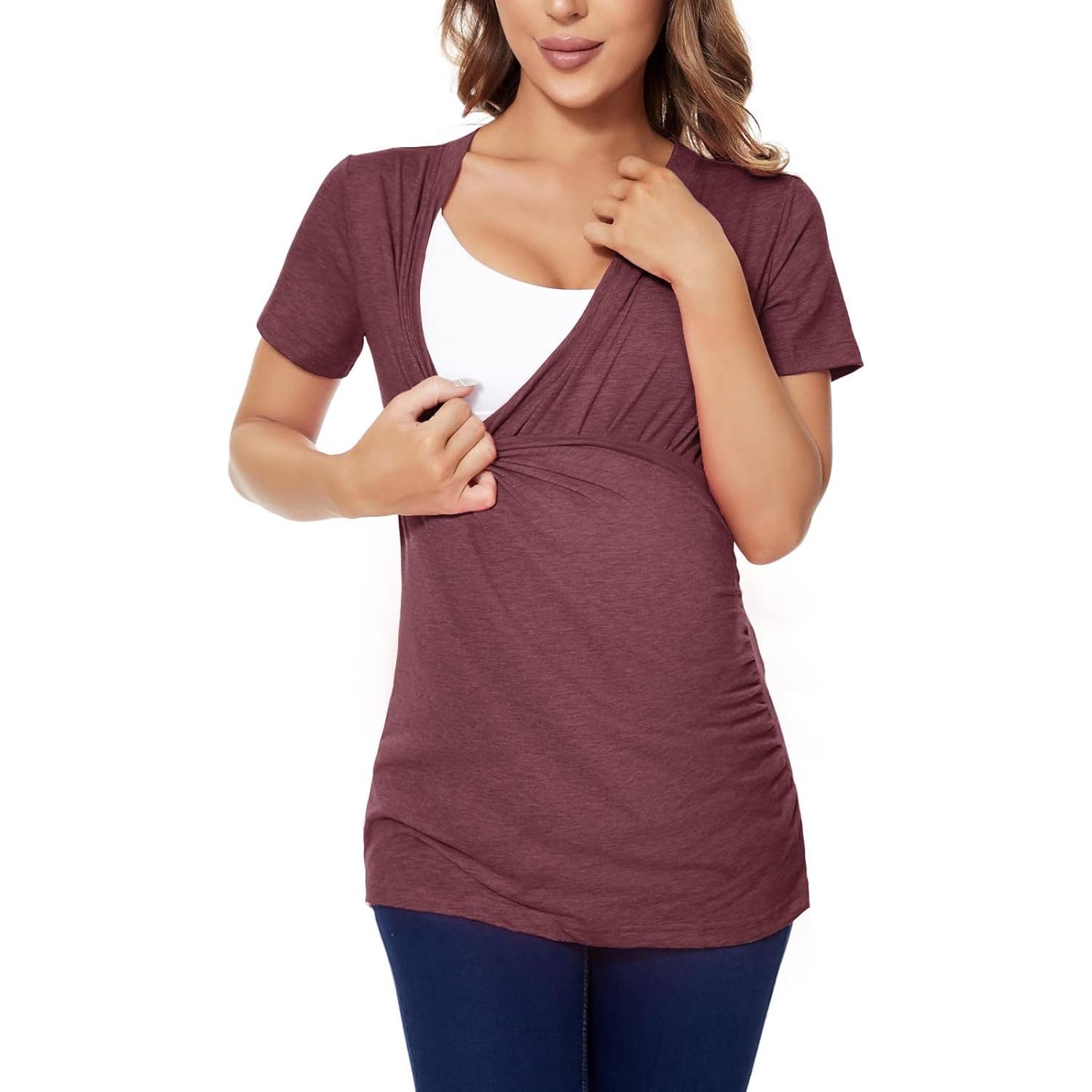 Camisetas de Lactancia Liu & Qu para Mujeres Manga Corta V Cuello