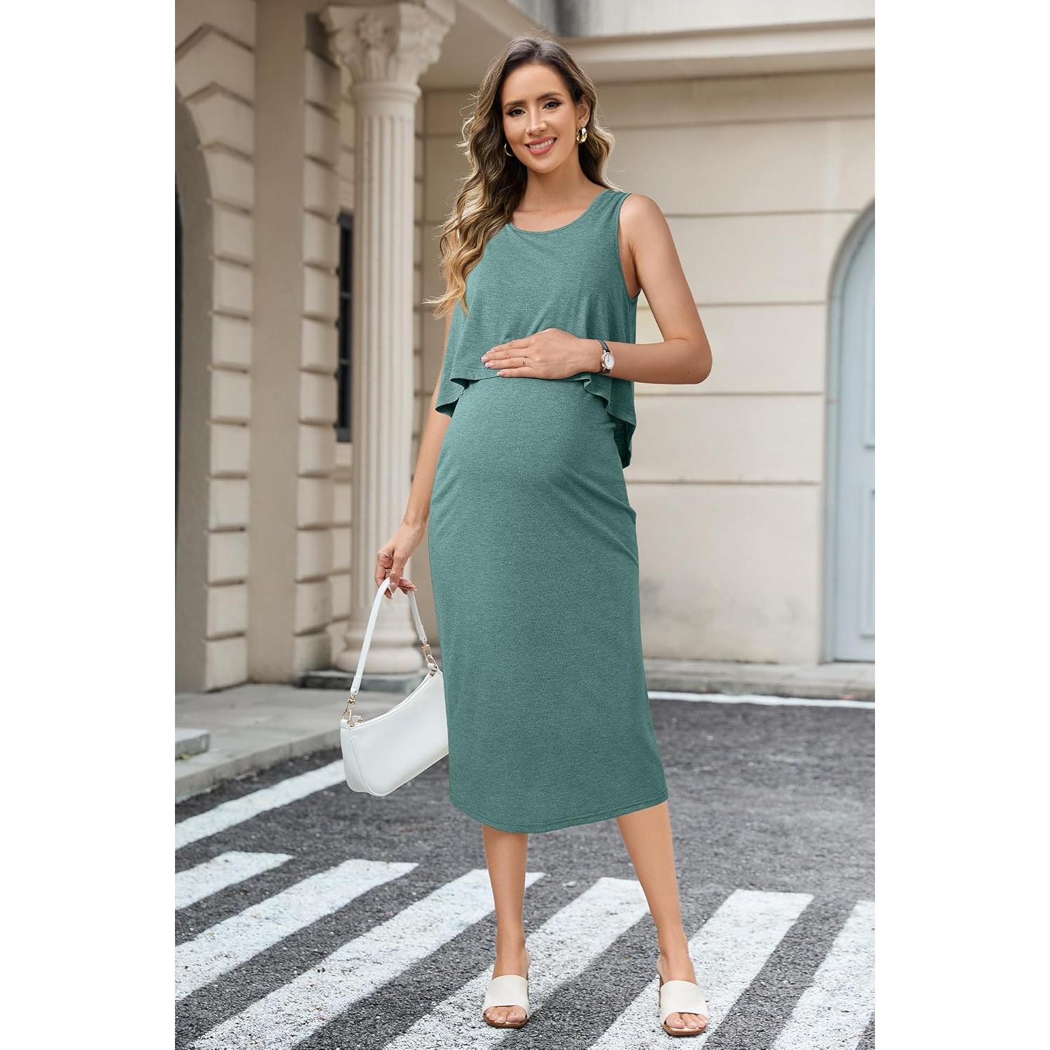 Vestido de Maternidad OUGES Verde Gris S-XXL Cuello Redondo