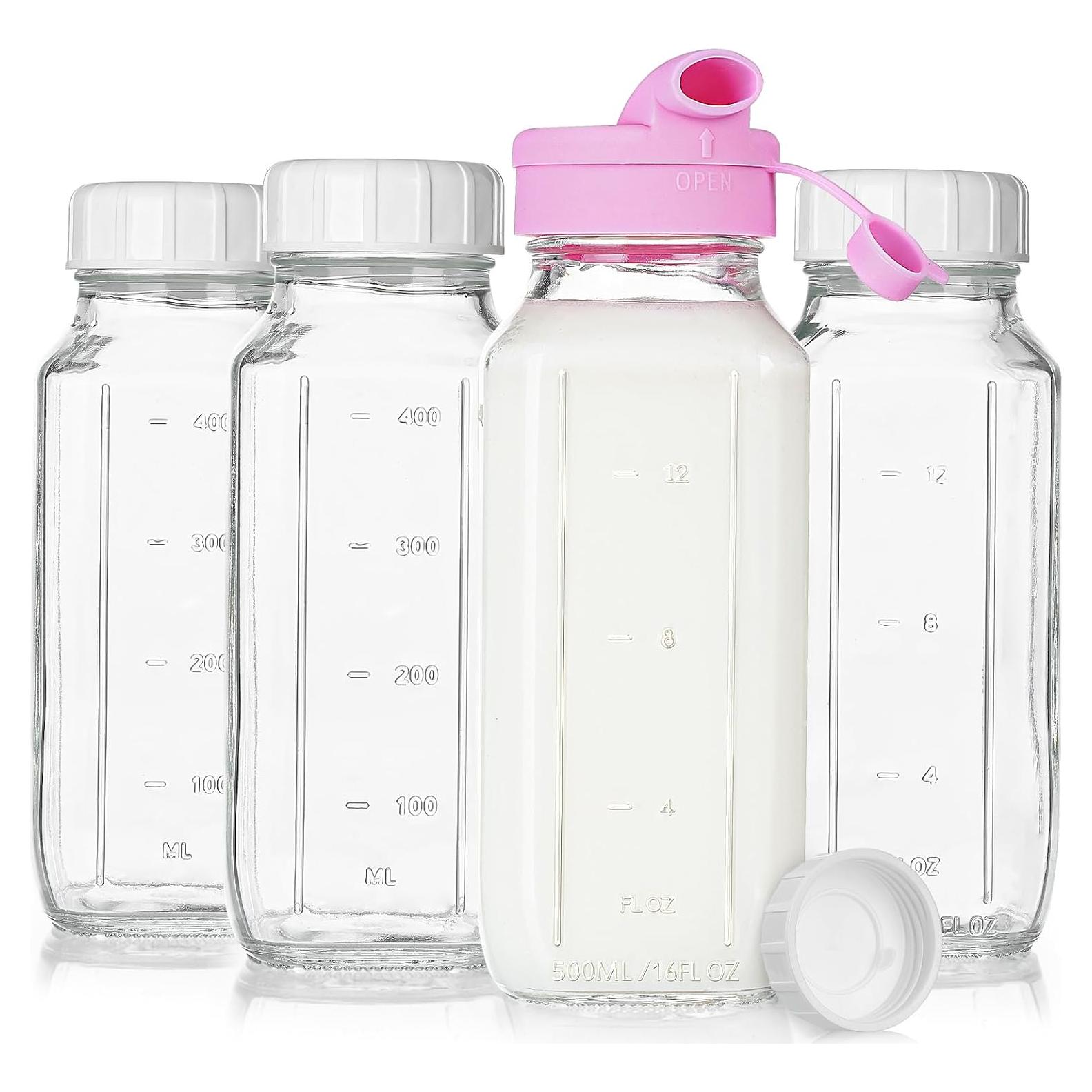 Paquete de 4 Botellas de Leche de Vidrio 473 ml con Tapa Dispensadora