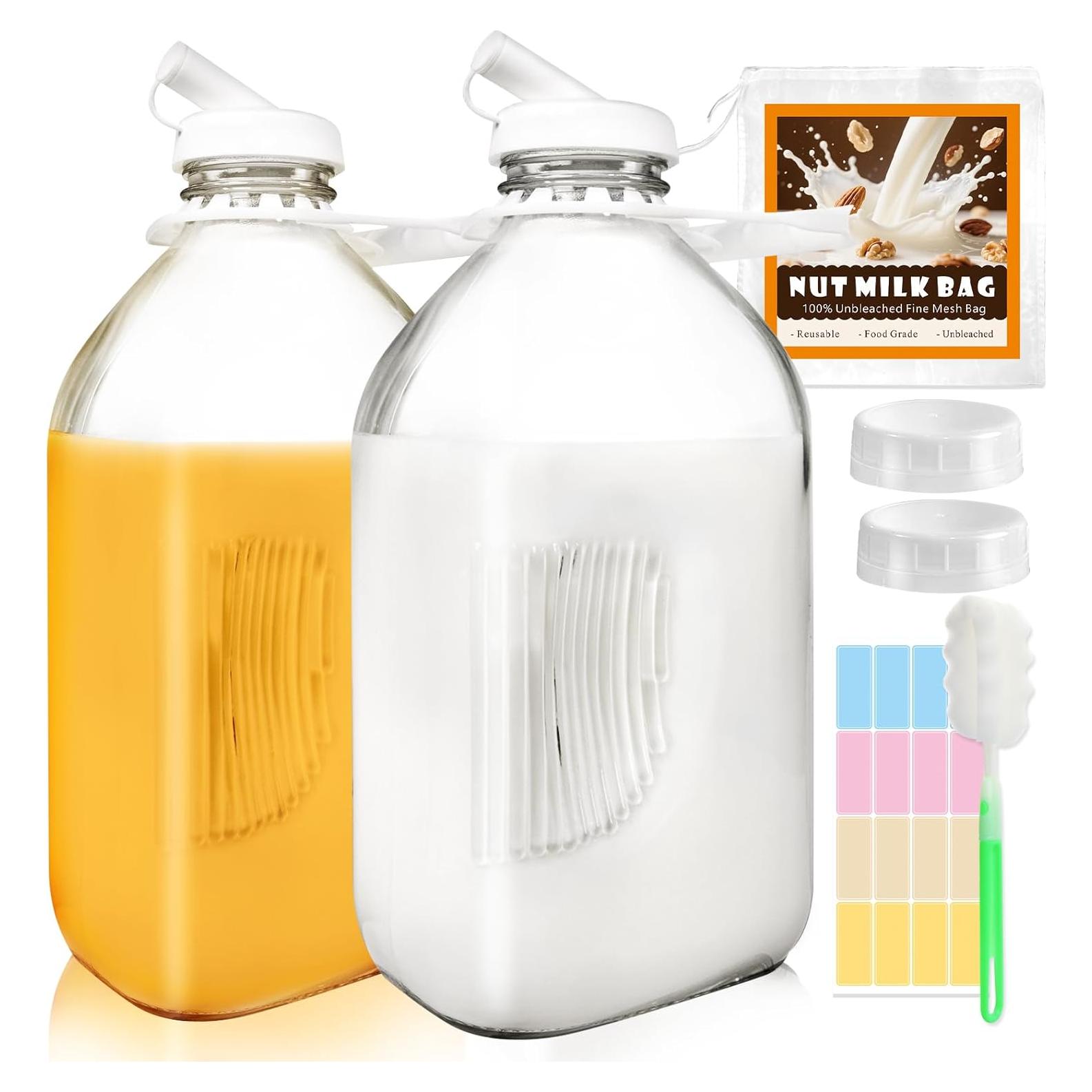 Paquete de 2 botellas de vidrio 1.89 L LOSANJI con tapa y bolsa