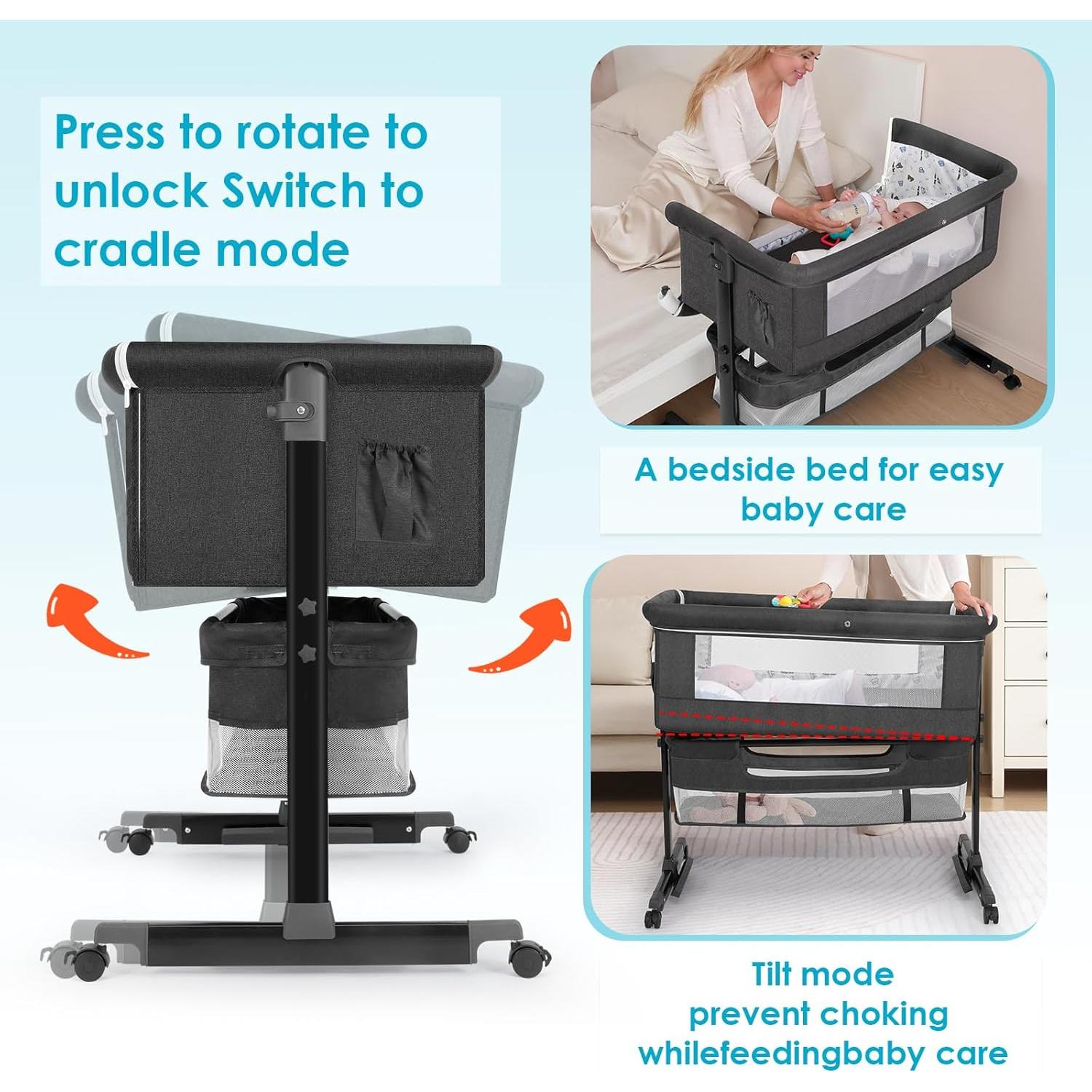 Cuna Lateral Plegable YADAQE Gris Oscuro 91.5x67.7 cm