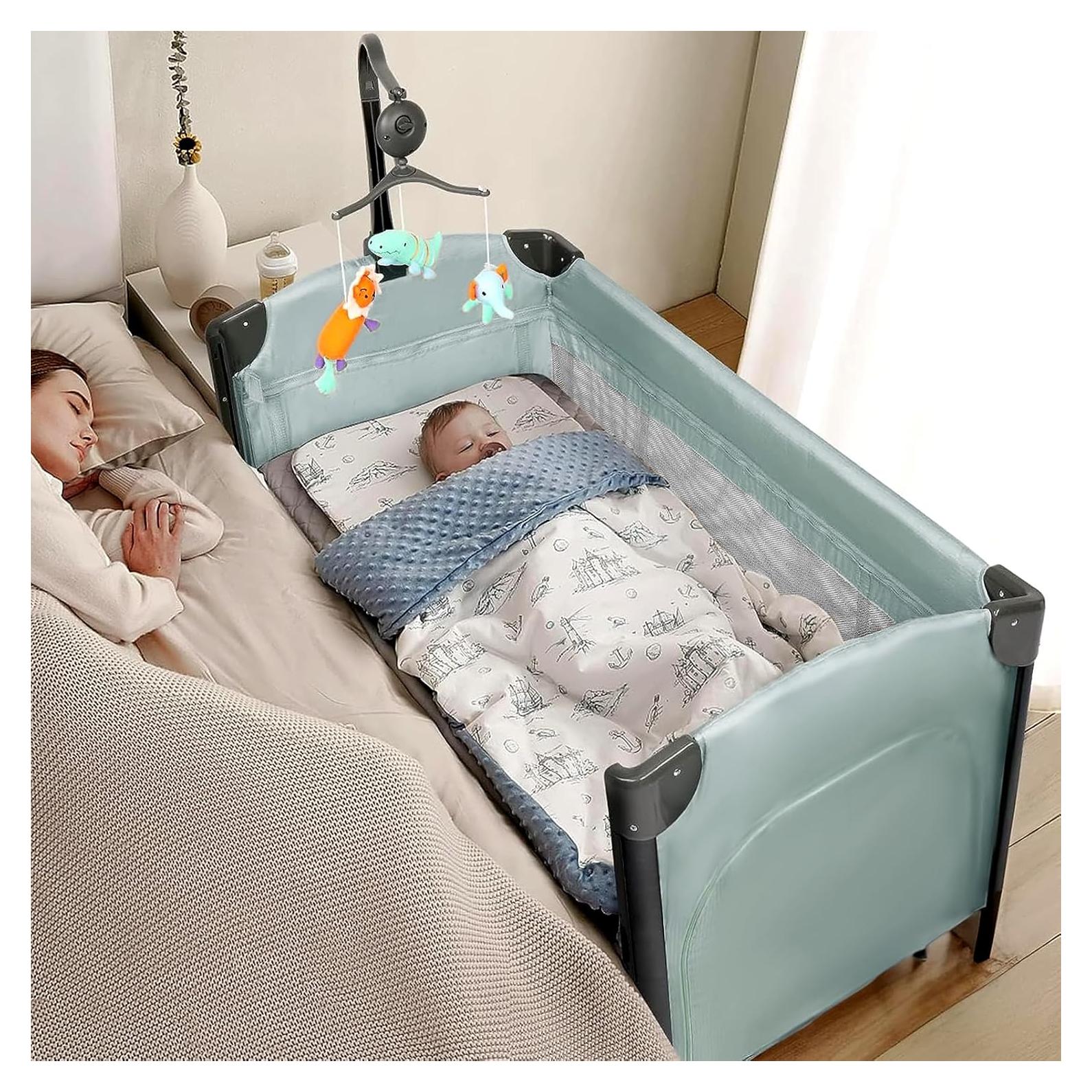 Cuna Lateral JOYMOR 3 en 1 Verde con Colchón y Sábana