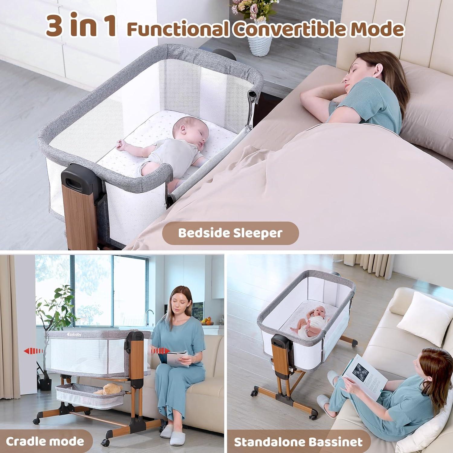 Cuna Mecedora 3 en 1 Ezebaby Gris Medio Ajustable con Ruedas