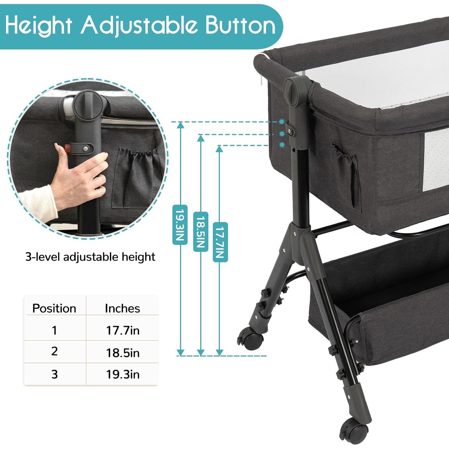 Cuna Lateral 3 en 1 BCOL Gris Oscuro Ajustable y Plegable