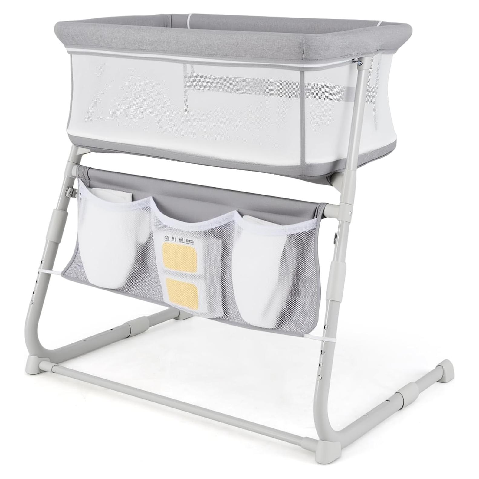 Cuna Lateral Ajustable Baby Joy Gris con Colchón y Bolsillos