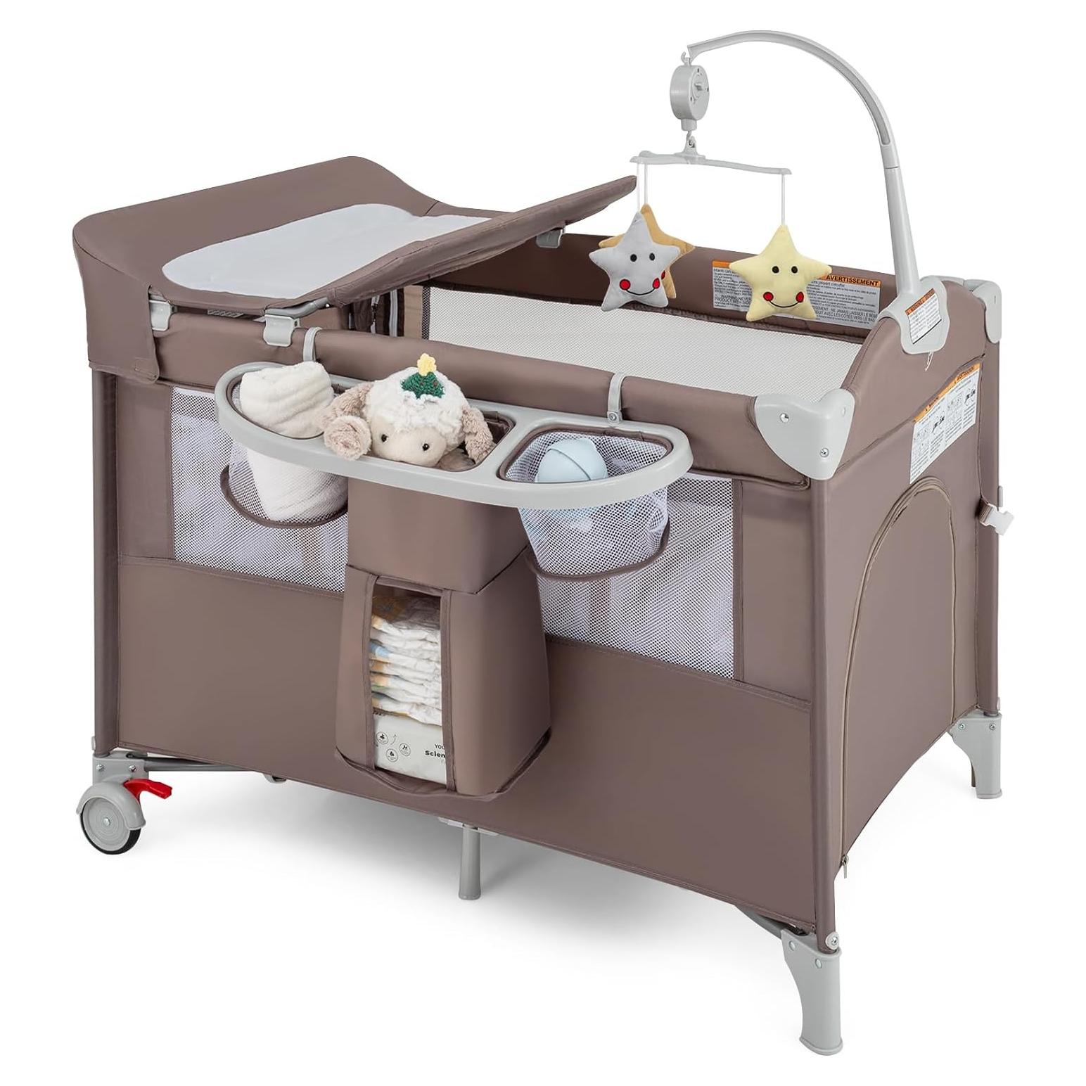 Cuna portátil 5-en-1 BABY JOY con cambiador y moisés - Café