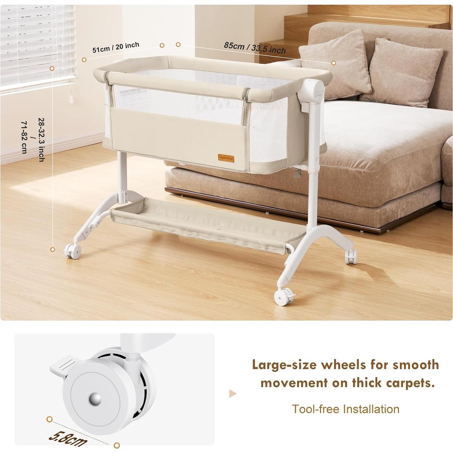 Cuna Lateral Portátil Taylengrow Beige con Colchón Lavable