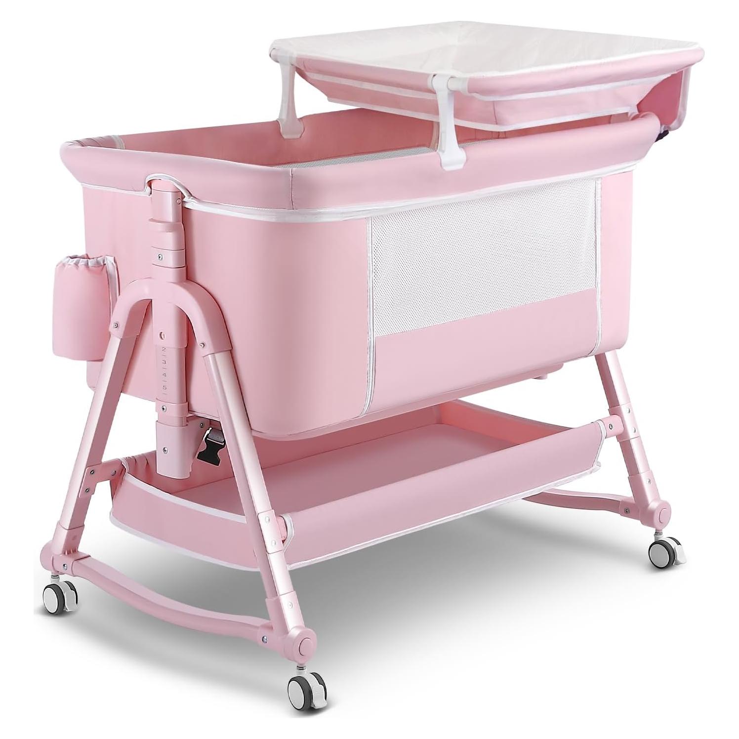 Cuna Lateral 4 en 1 Uuoeebb Rosa Plegable con Colchón