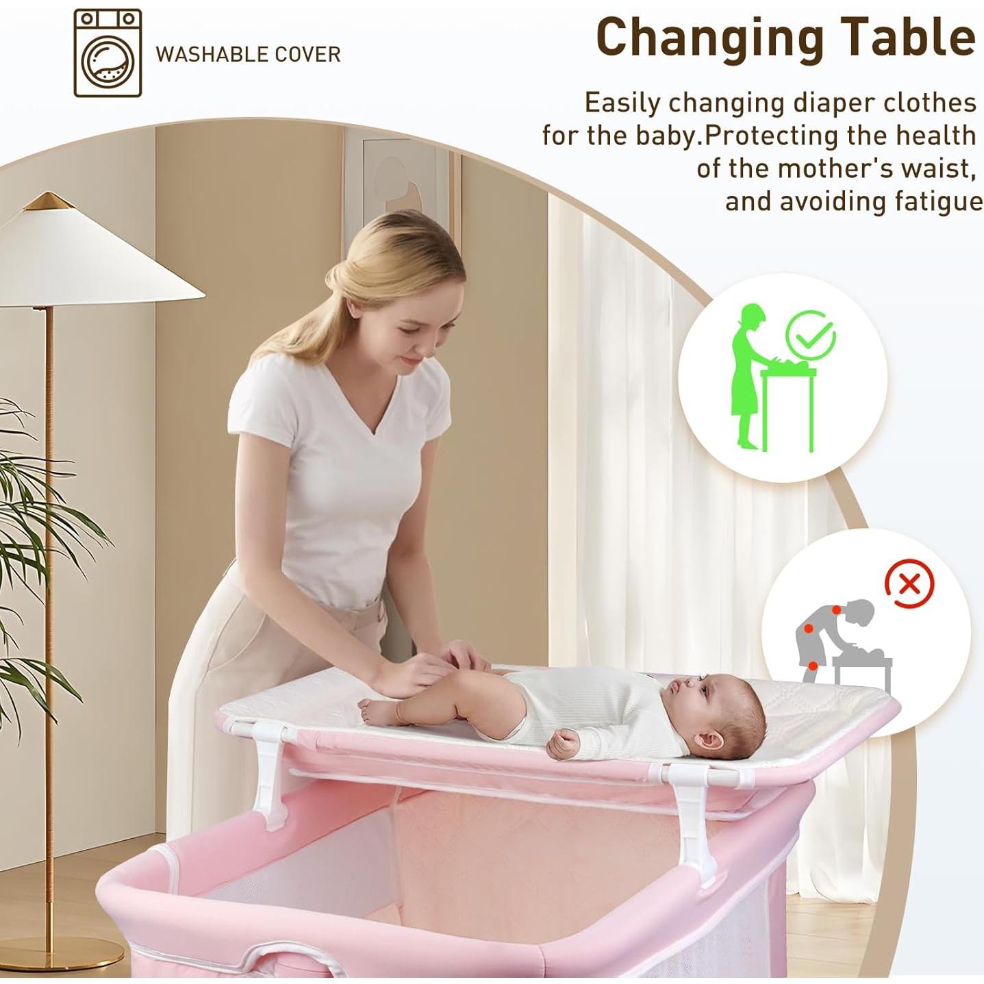 Cuna Lateral 4 en 1 Uuoeebb Rosa Plegable con Colchón