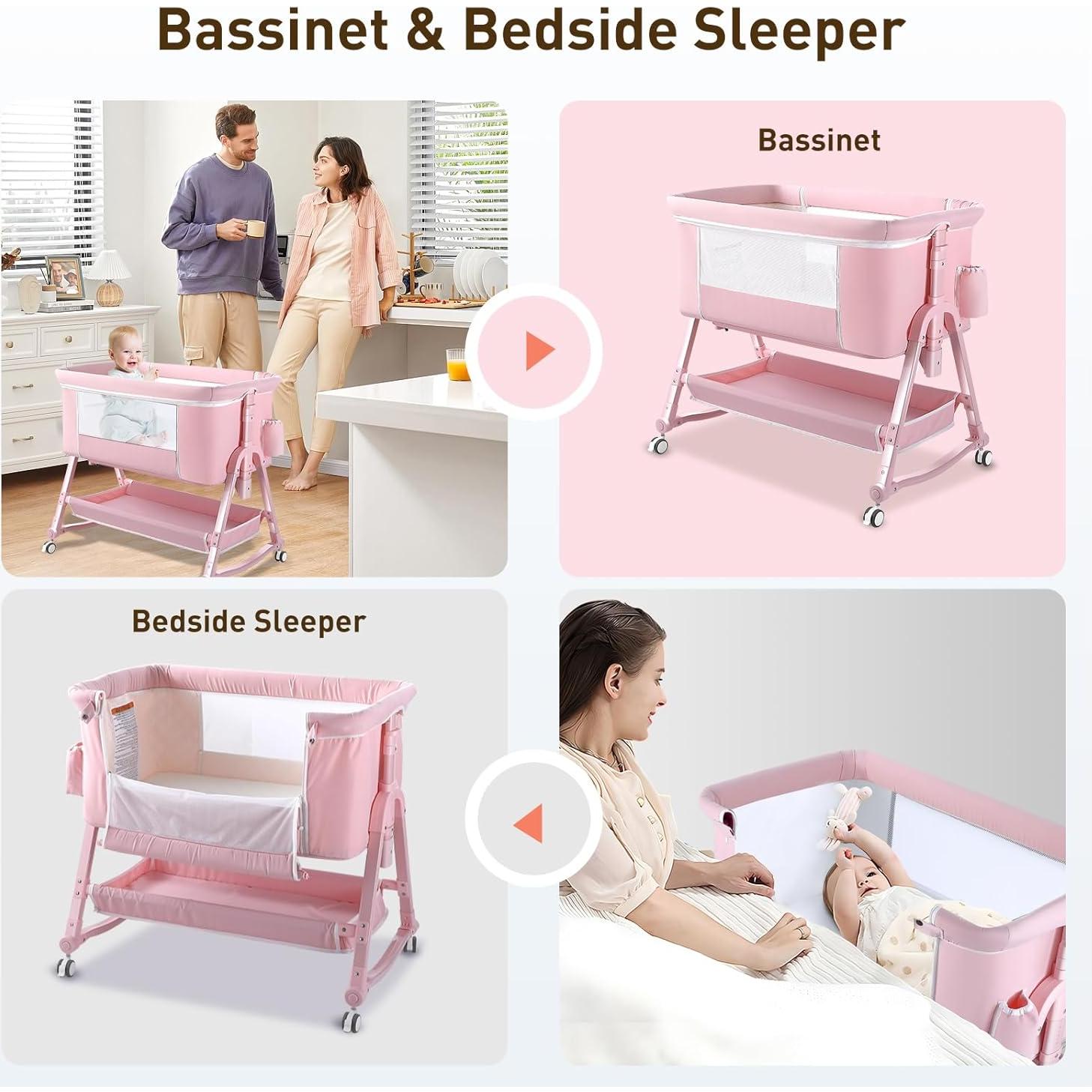 Cuna Lateral 4 en 1 Uuoeebb Rosa Plegable con Colchón