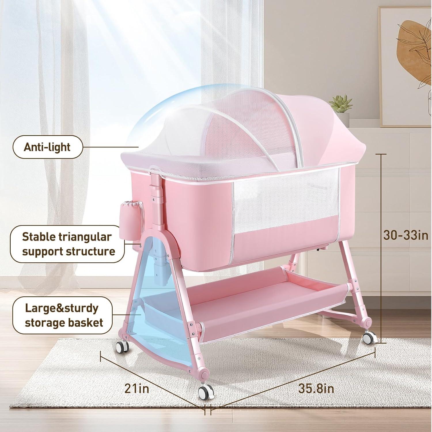 Cuna Lateral 4 en 1 Uuoeebb Rosa Plegable con Colchón