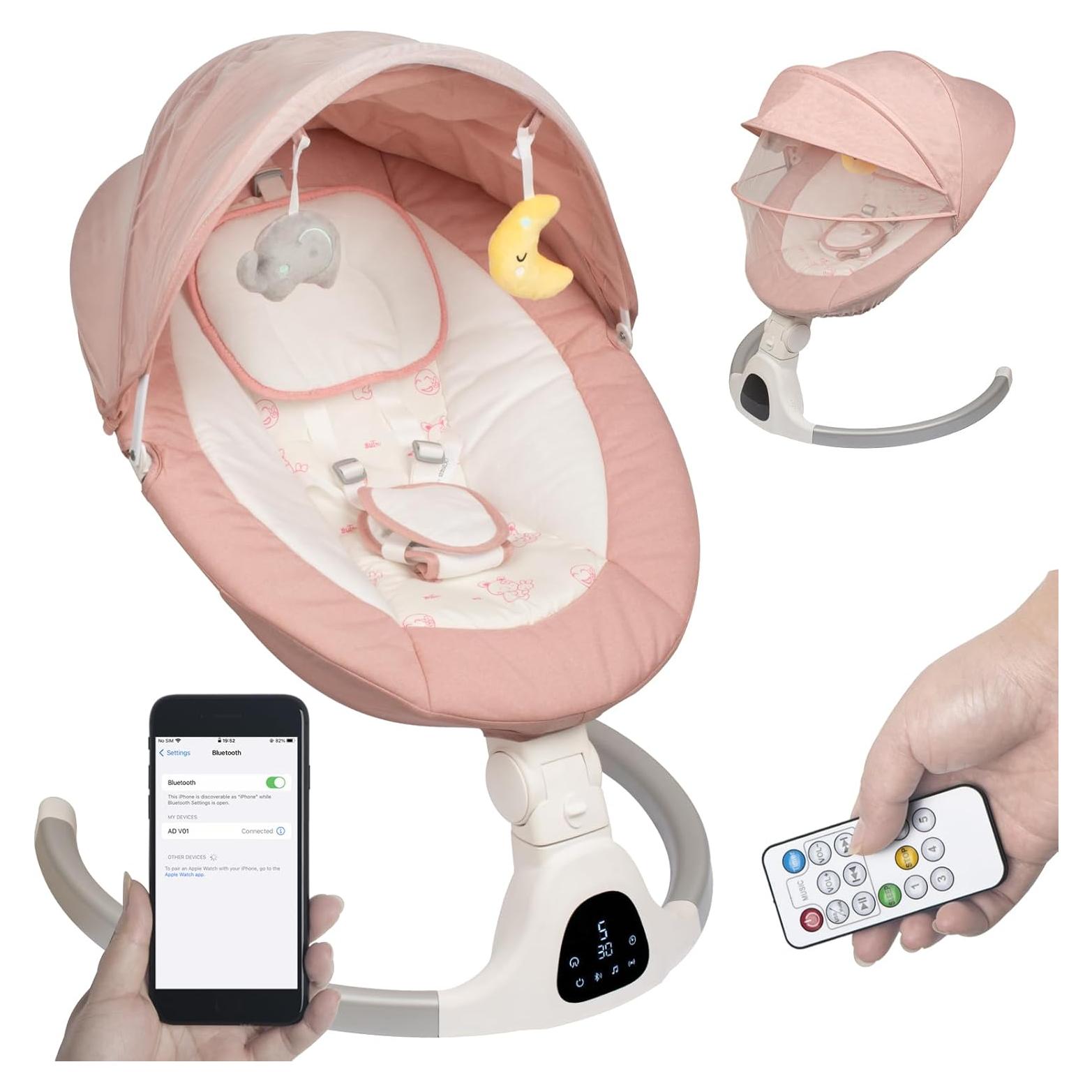Columpio portátil para bebés JFOVMCYG Rosa 5 velocidades Bluetooth