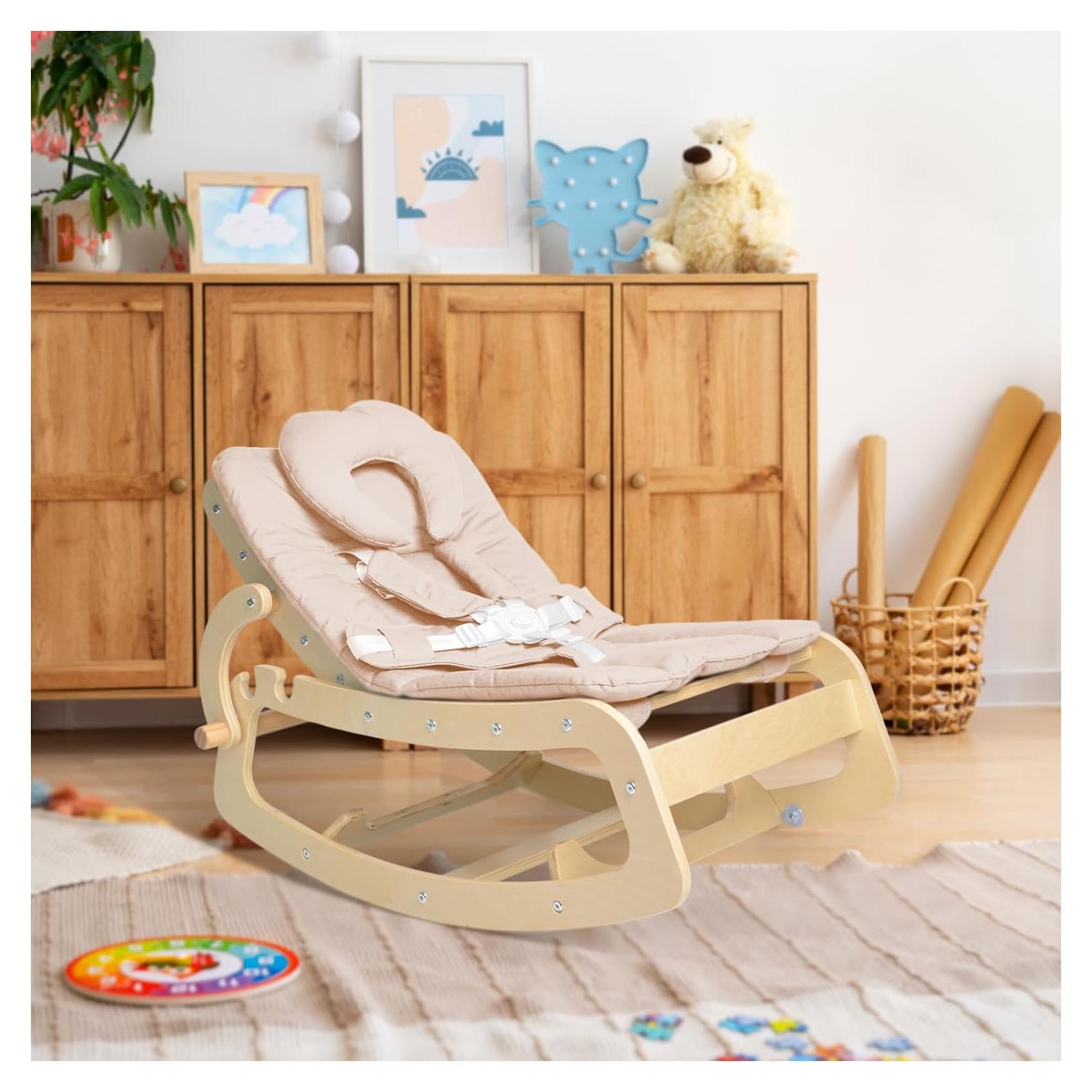 Silla Mecedora para Bebés 3 en 1 de Madera Beige - Arnés 5 Puntos