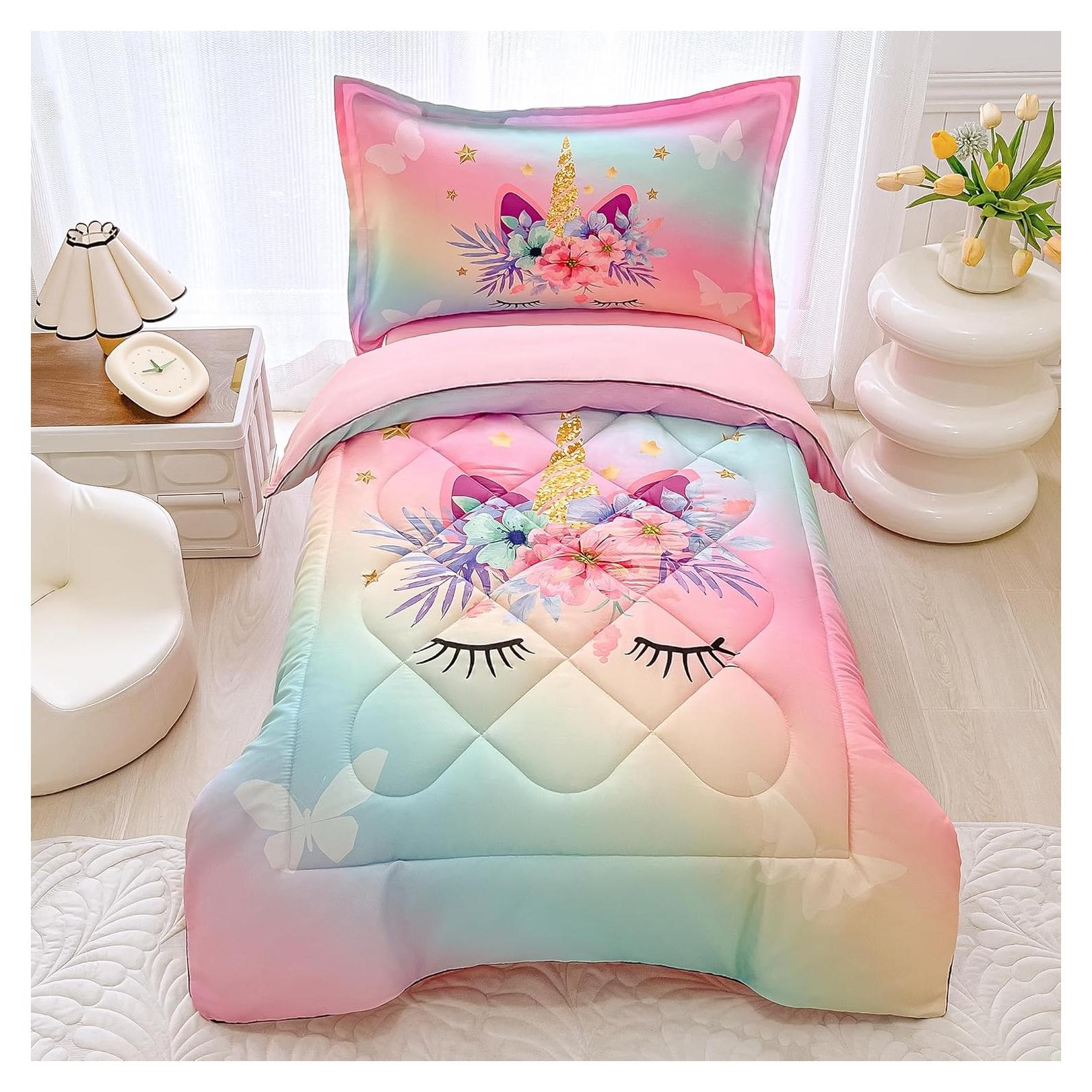 Juego de Ropa de Cama KINBEDY 4 Piezas Unicornio Arcoíris