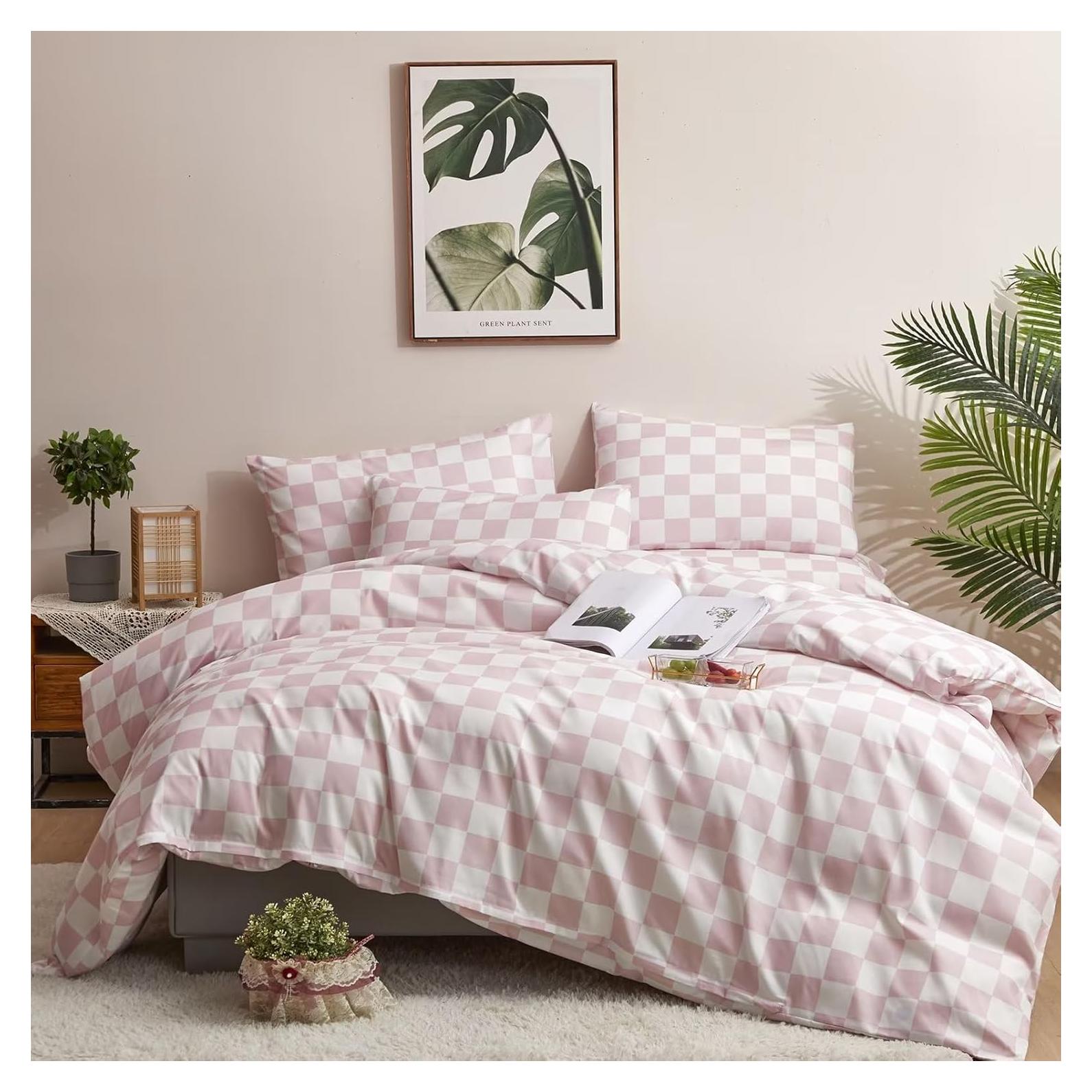 Conjunto de Edredón Cuadrado Rosa y Blanco Houseri Cal King