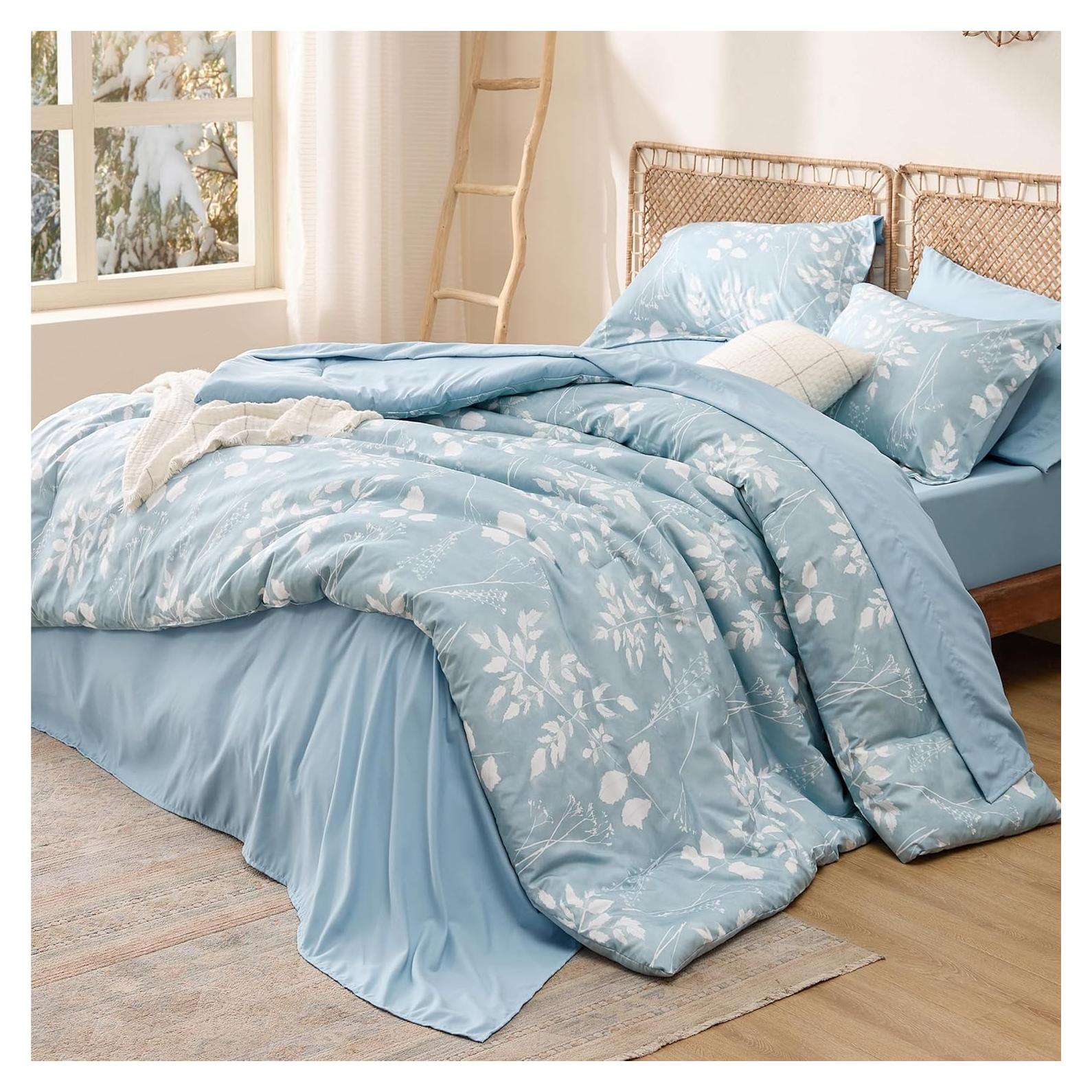 Conjunto de Edredón Bedsure Completo Floral Azul Cielo - 7 Piezas