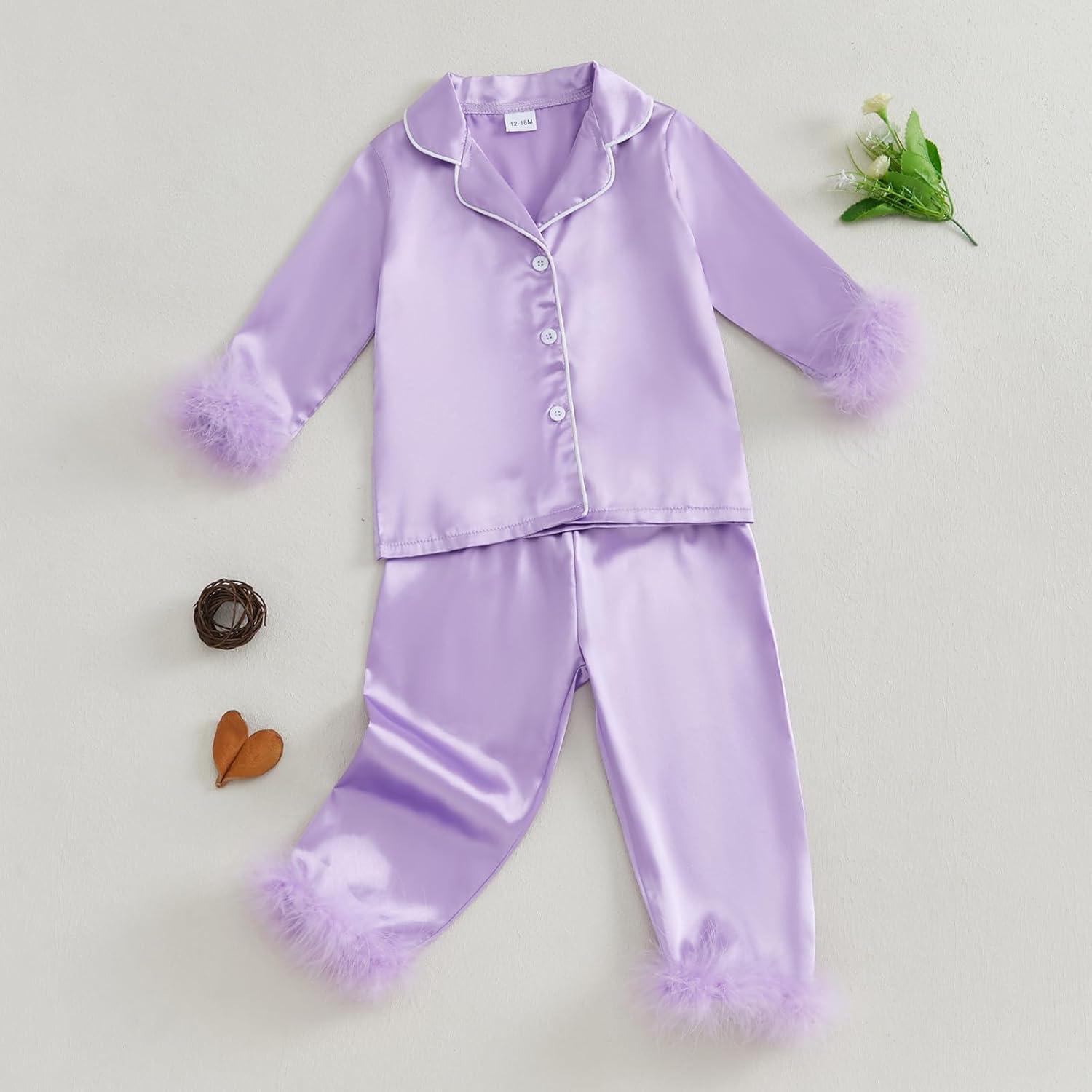 Conjunto de Pijamas de Satén para Niña 2-3T con Ribete de Peluche