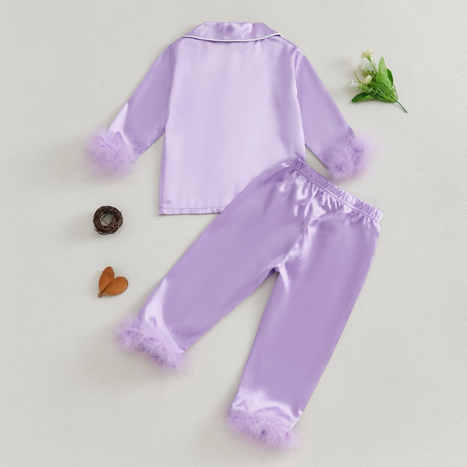 Conjunto de Pijamas de Satén para Niña 2-3T con Ribete de Peluche