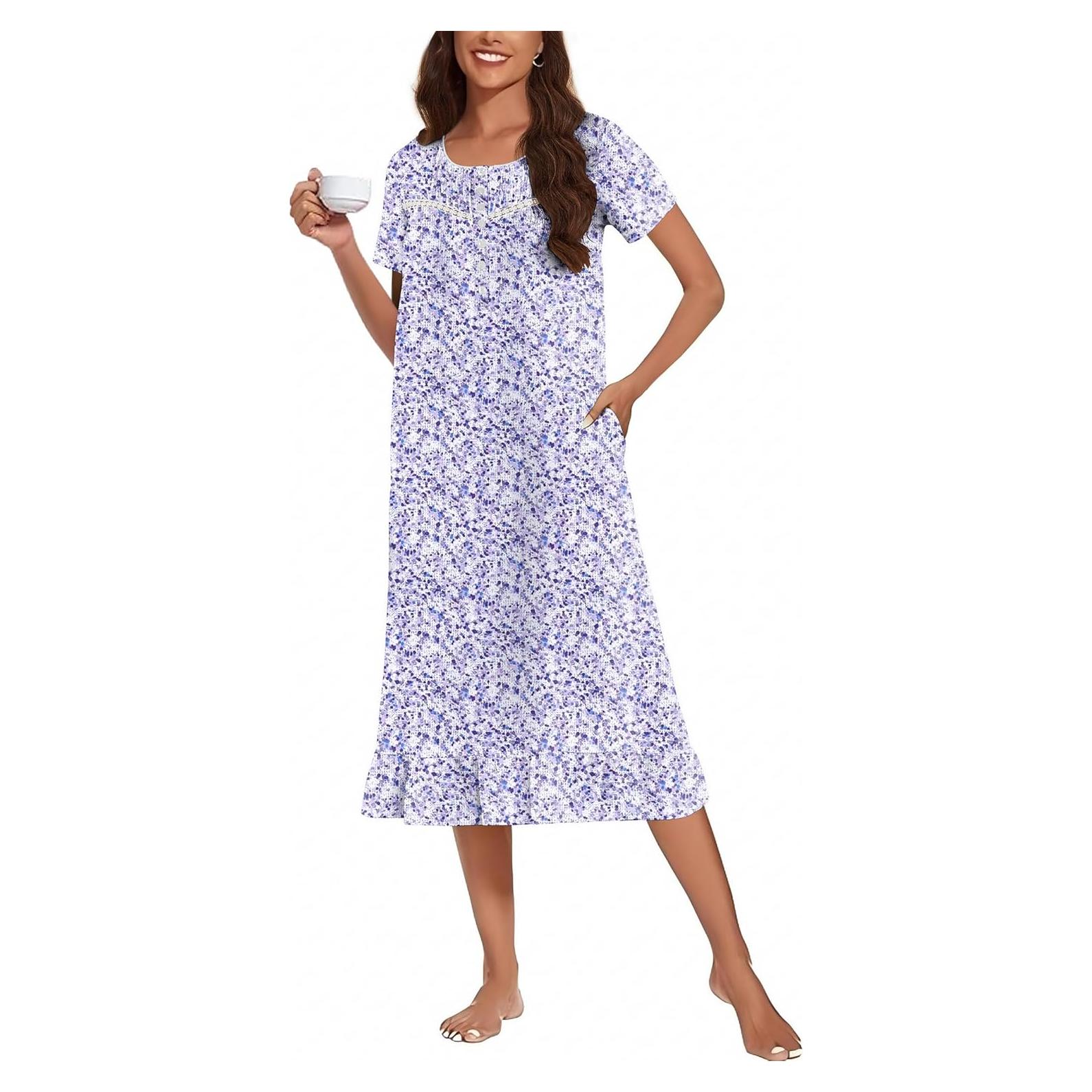 Camisón de Algodón Ekouaer para Mujeres con Botones y Bolsillos